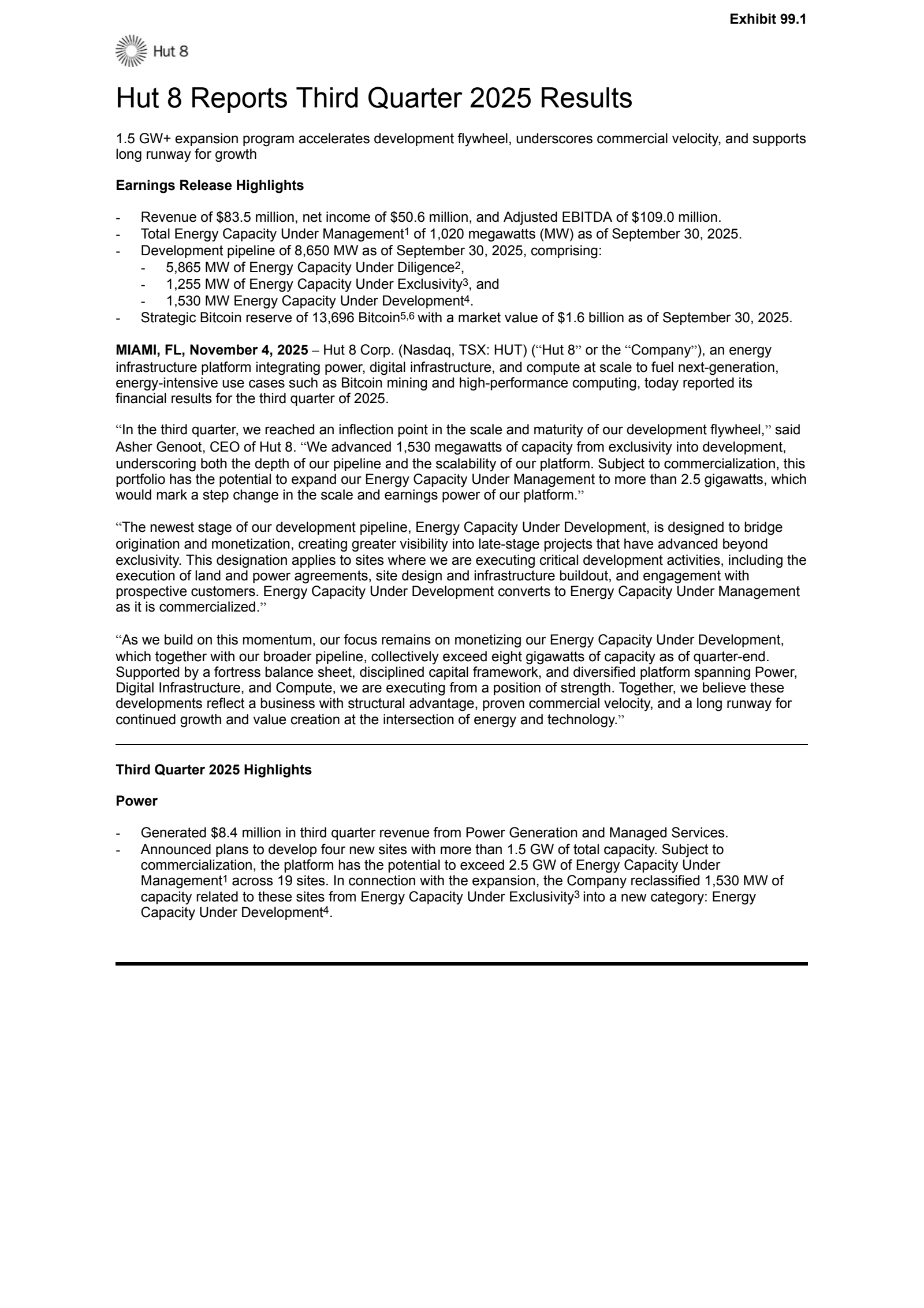 HUT Q3 2025 Earnings Report on 11/4/2025