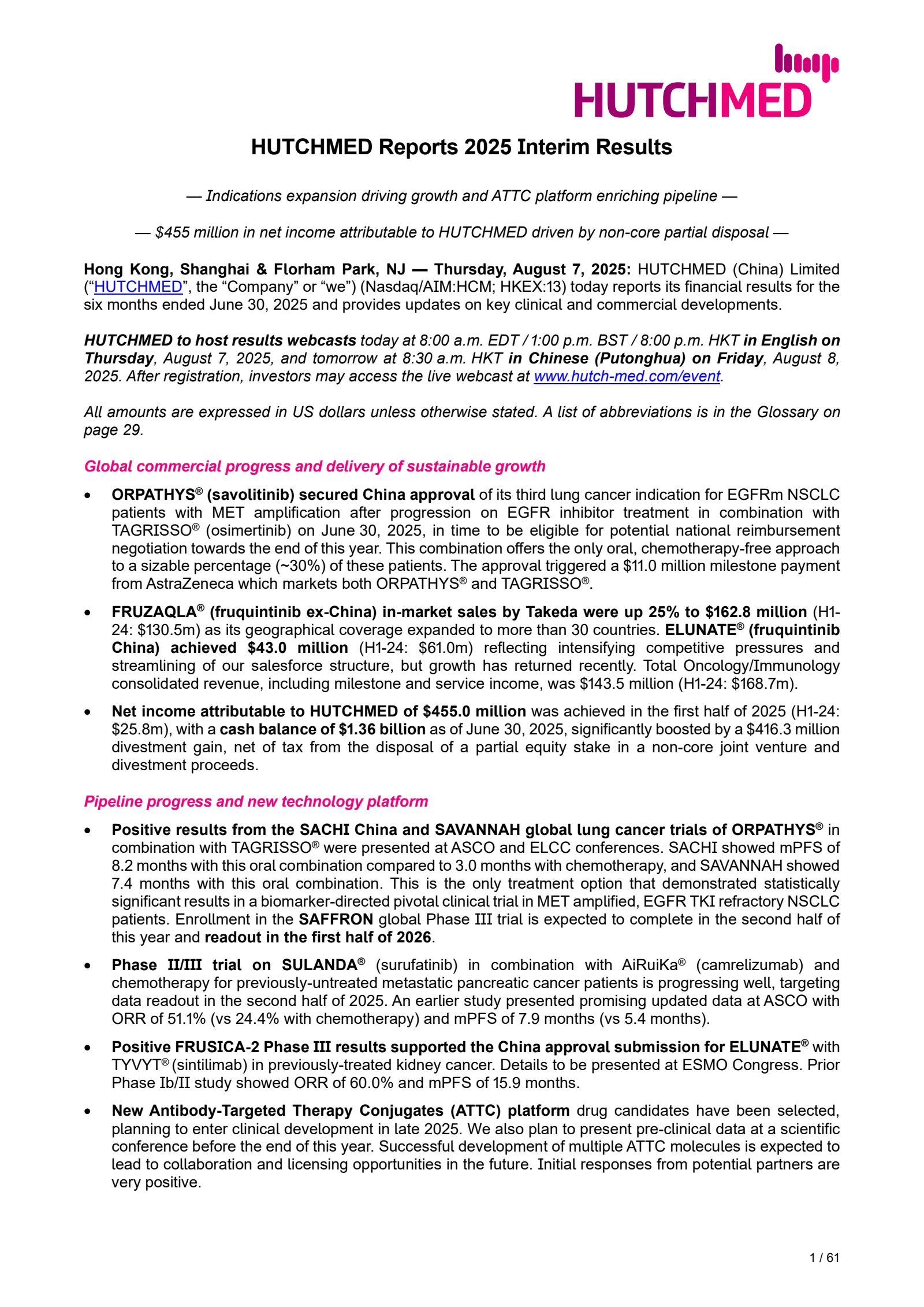 HUTCHMED's H1 2025 Interim report