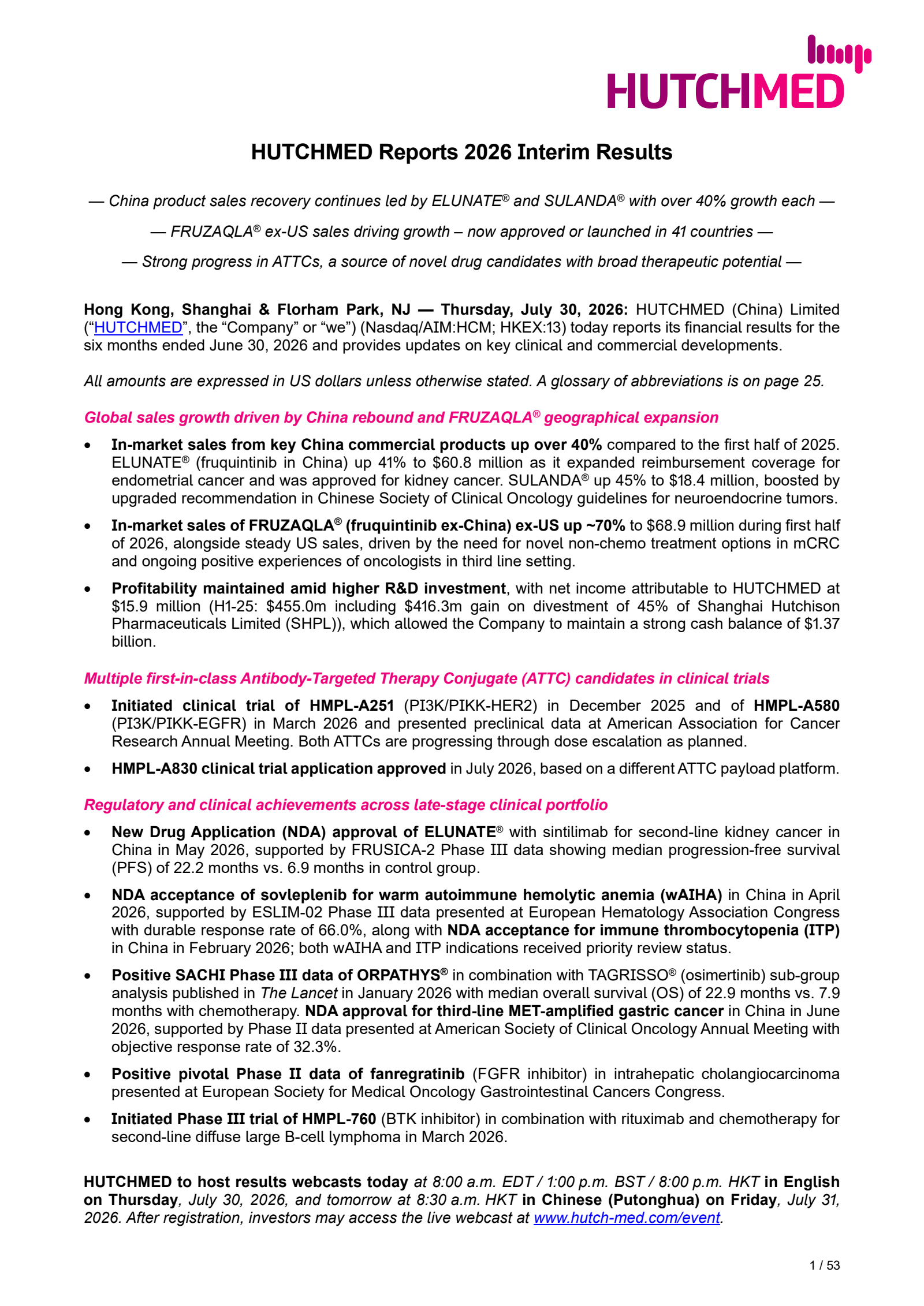 HUTCHMED's H1 2026 Interim report