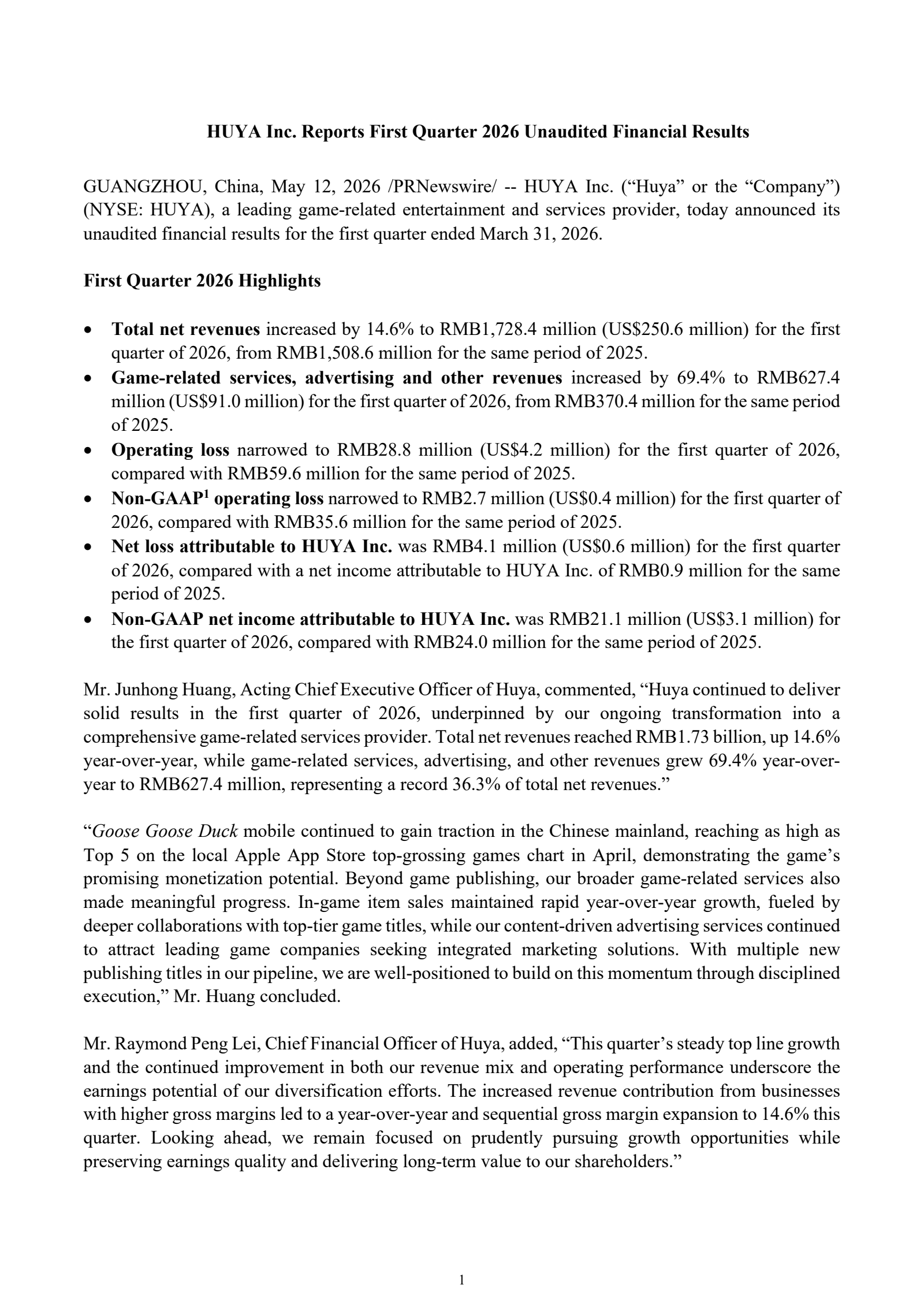 HUYA's Q1 2026 Press Release