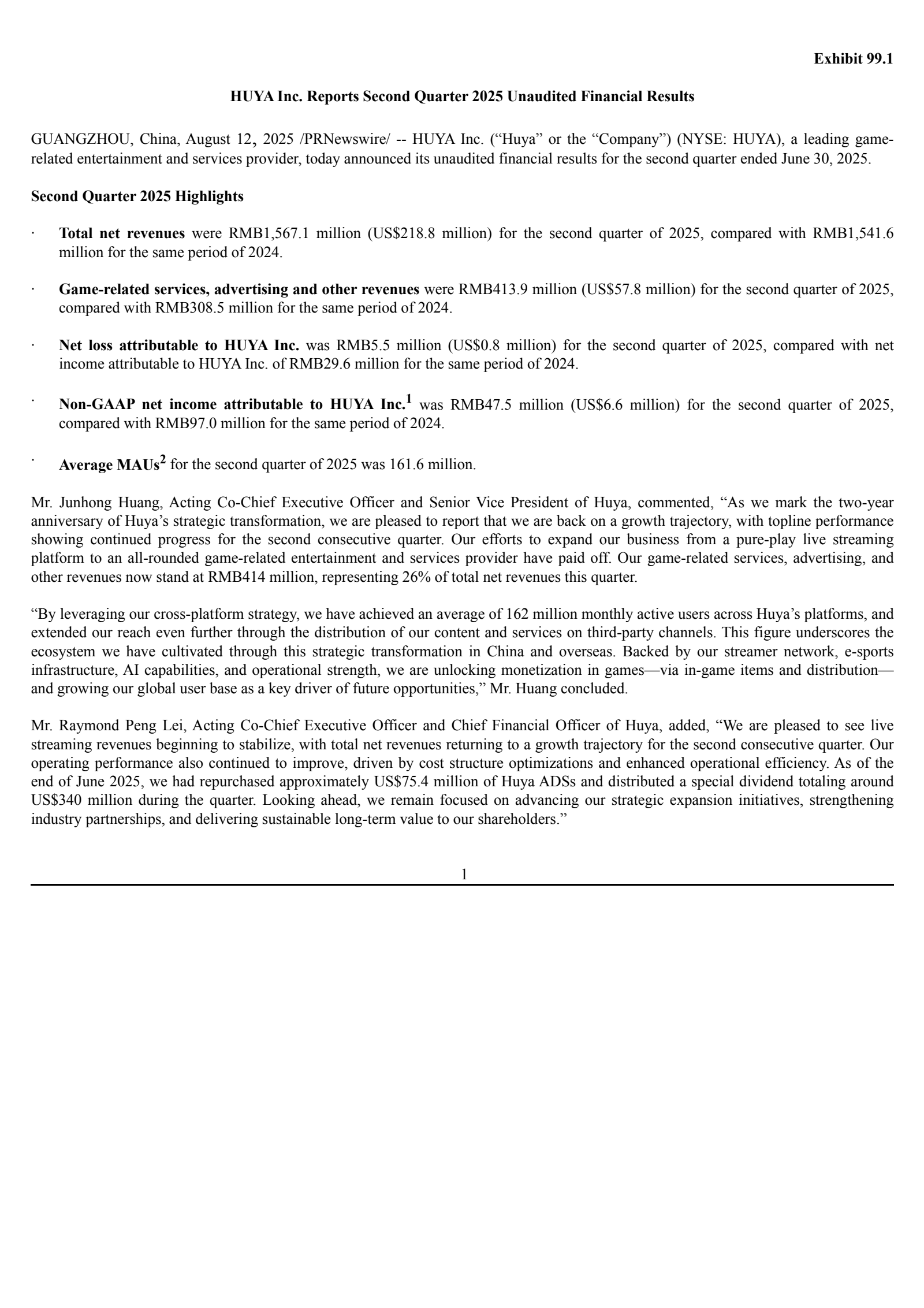 HUYA's Q2 2025 Press Release