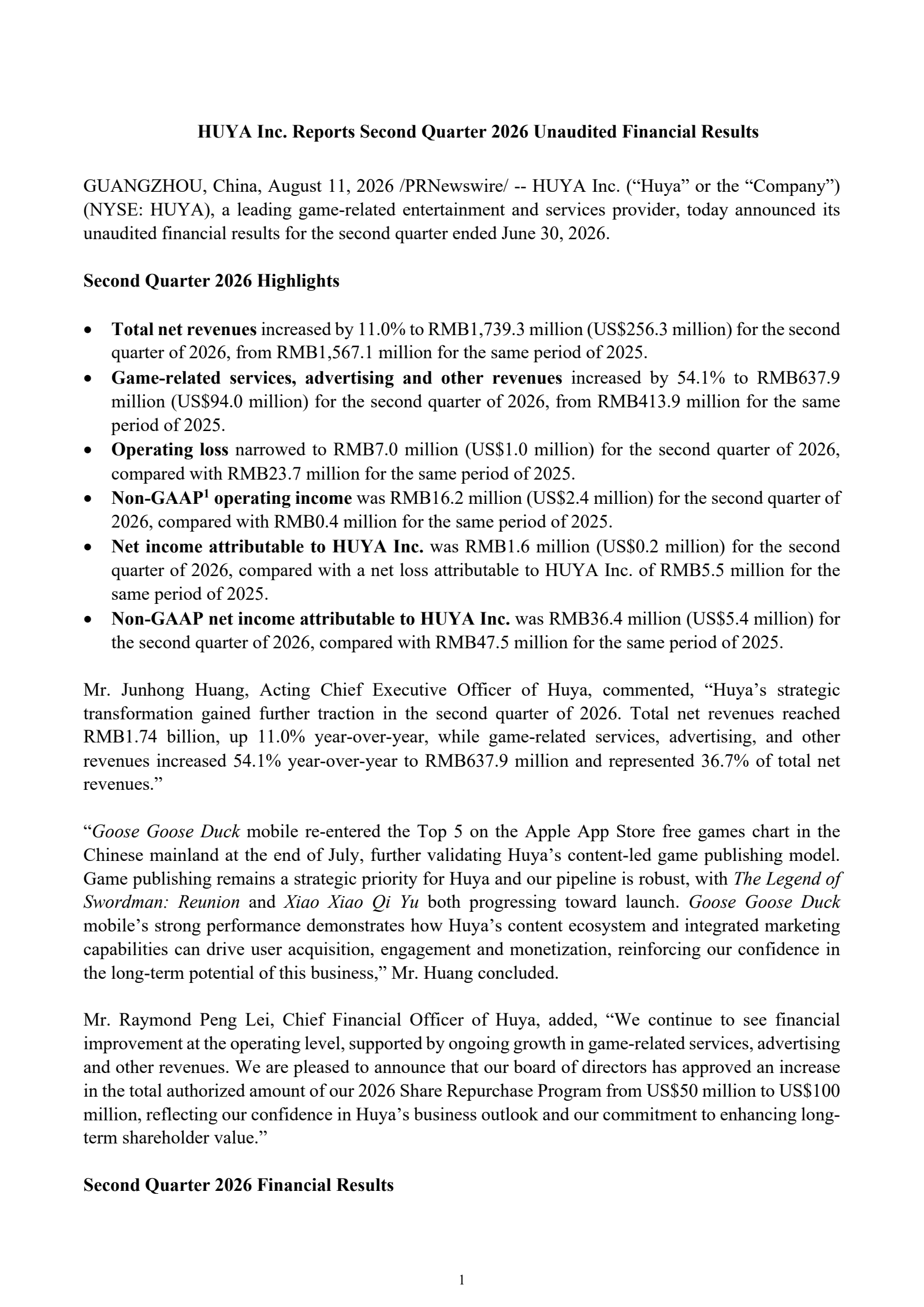 HUYA's Q2 2026 Press Release