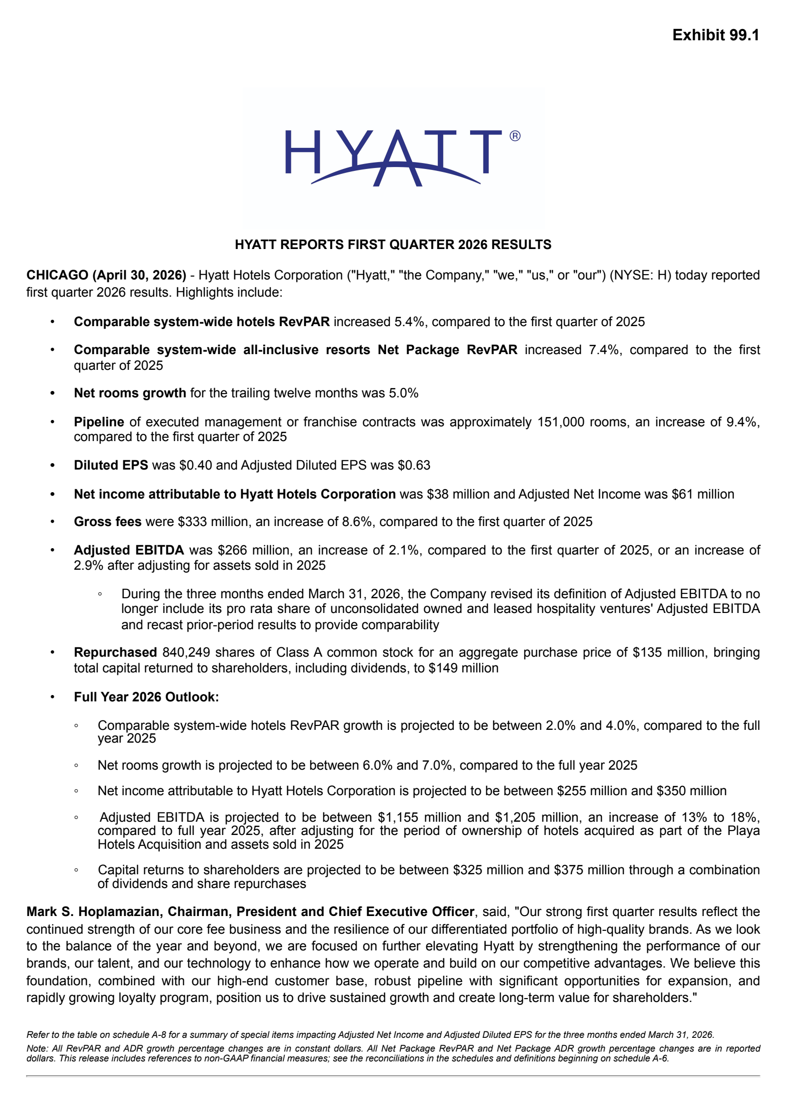 Hyatt Hotels' Q1 2026 Press Release
