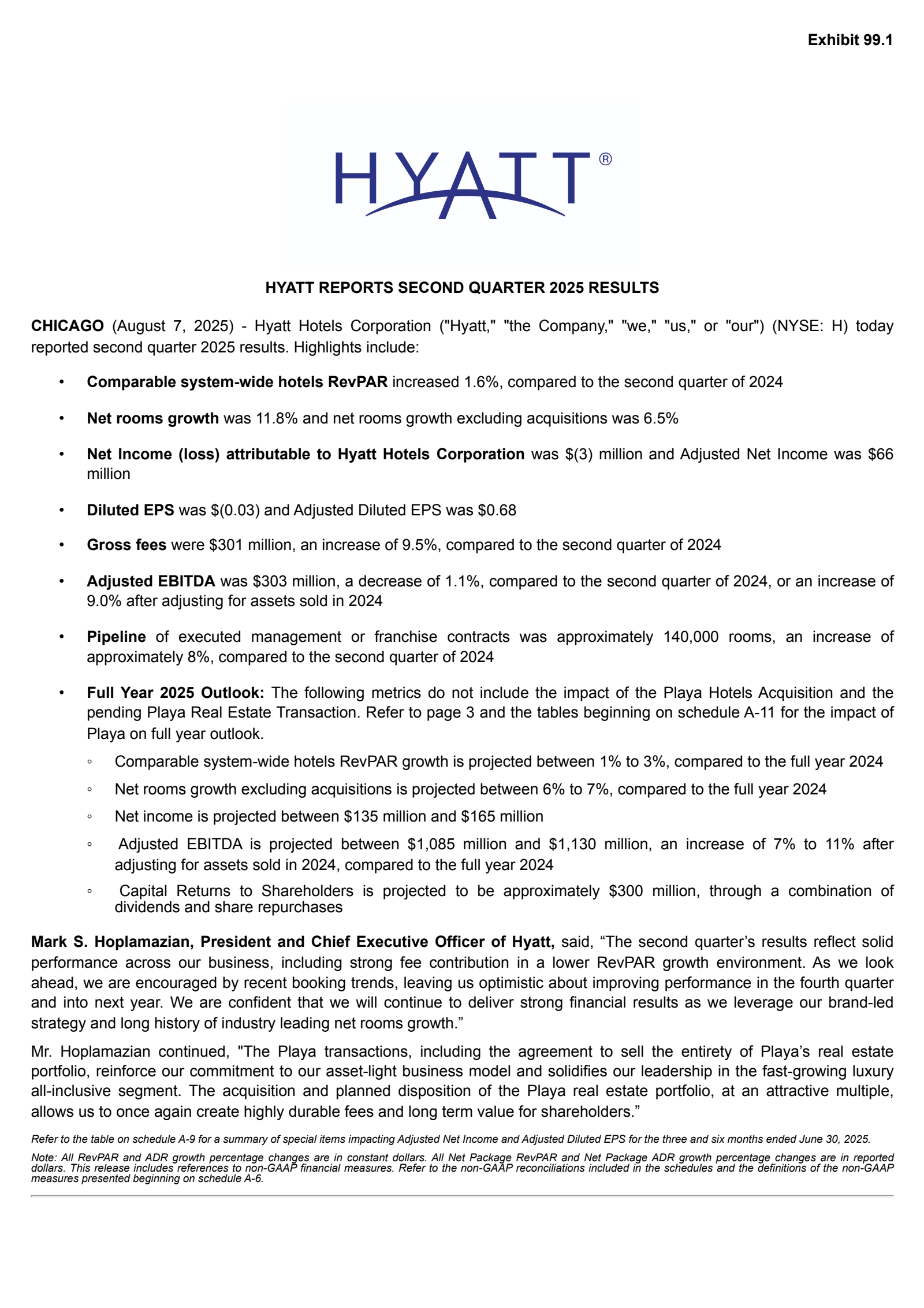Hyatt Hotels' Q2 2025 Press Release