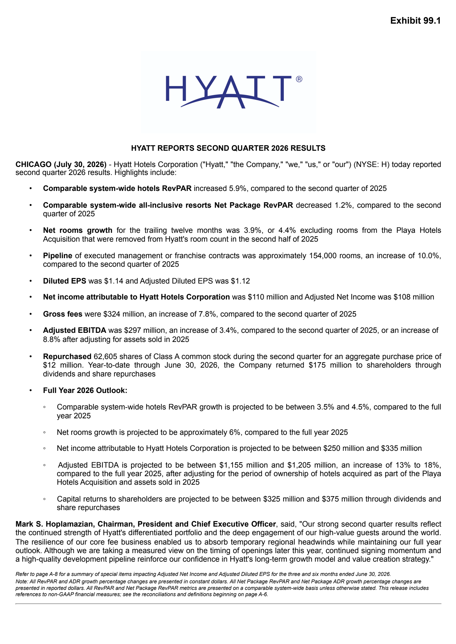 Hyatt Hotels' Q2 2026 Press Release
