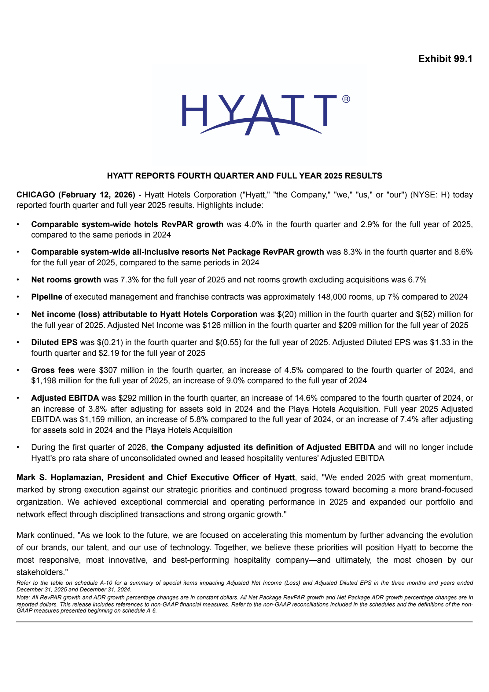 Hyatt Hotels' Q4 2025 Press Release
