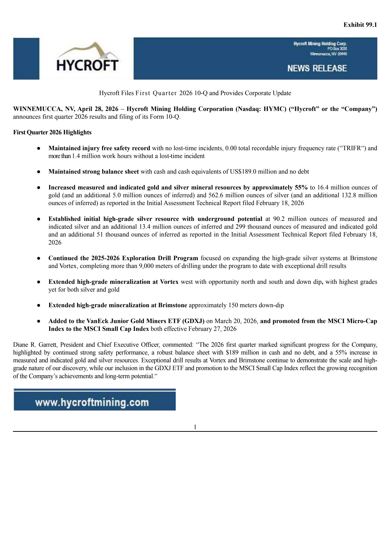 Hycroft Mining's Q1 2026 Press Release