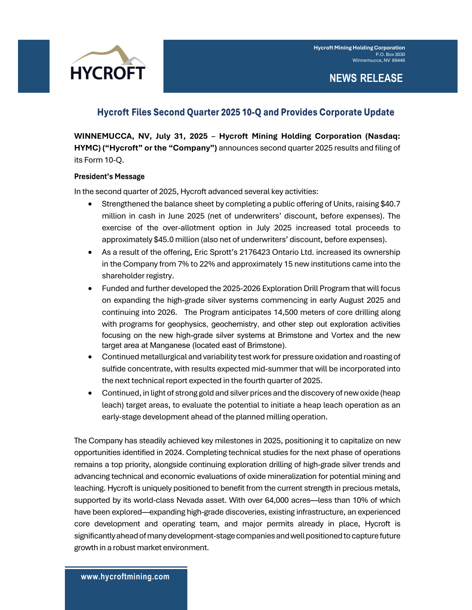 Hycroft Mining's Q2 2025 Press Release