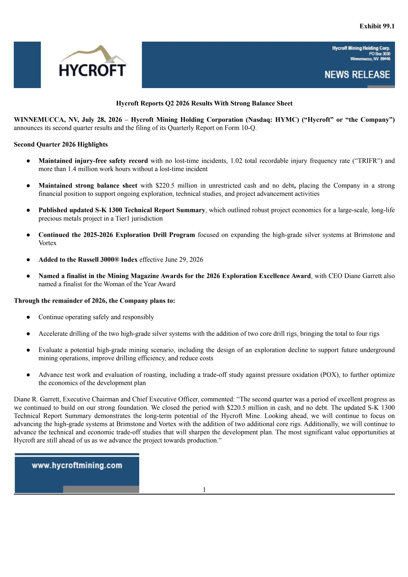 Hycroft Mining's Q2 2026 Press Release