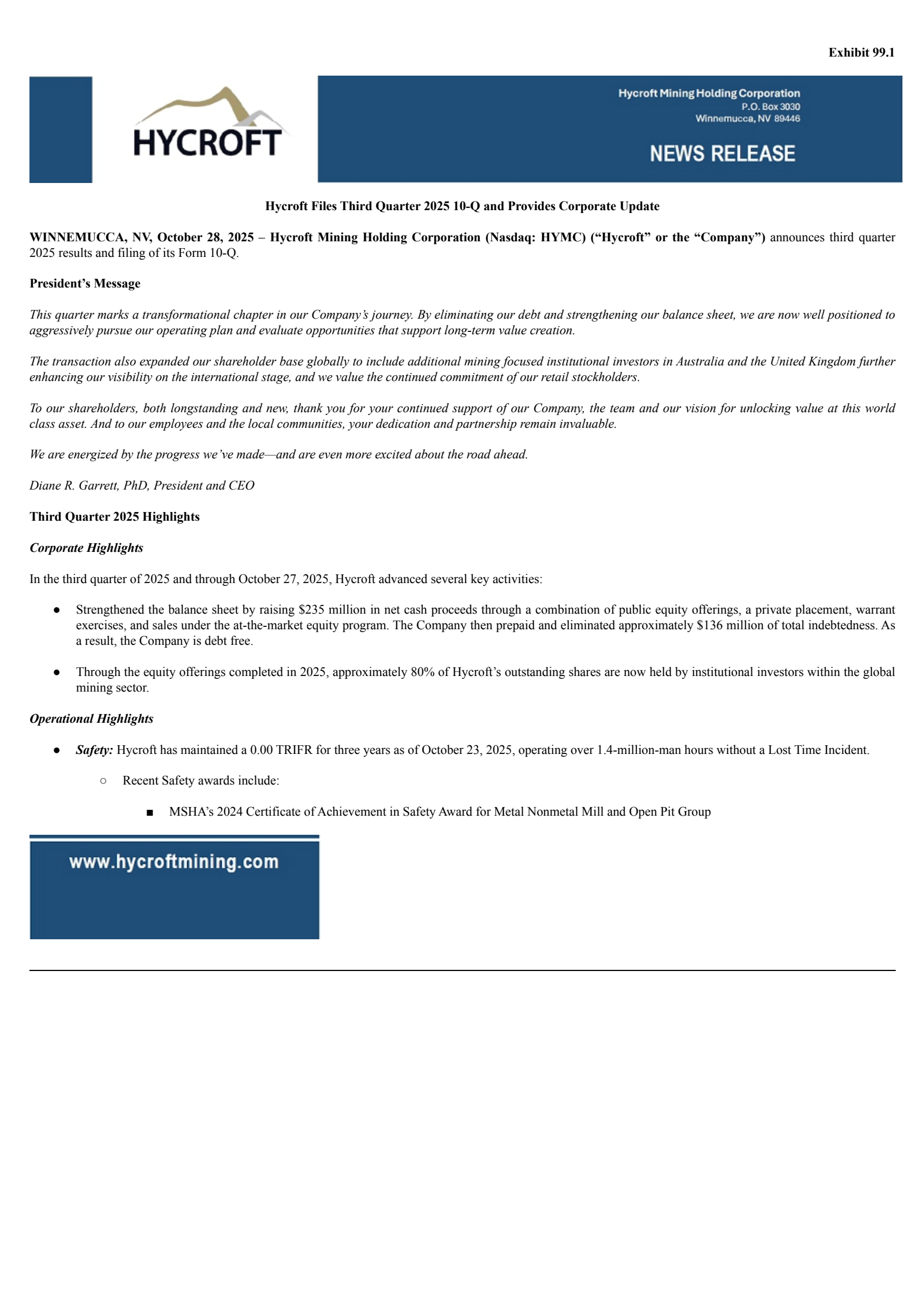 Hycroft Mining's Q3 2025 Earnings Release