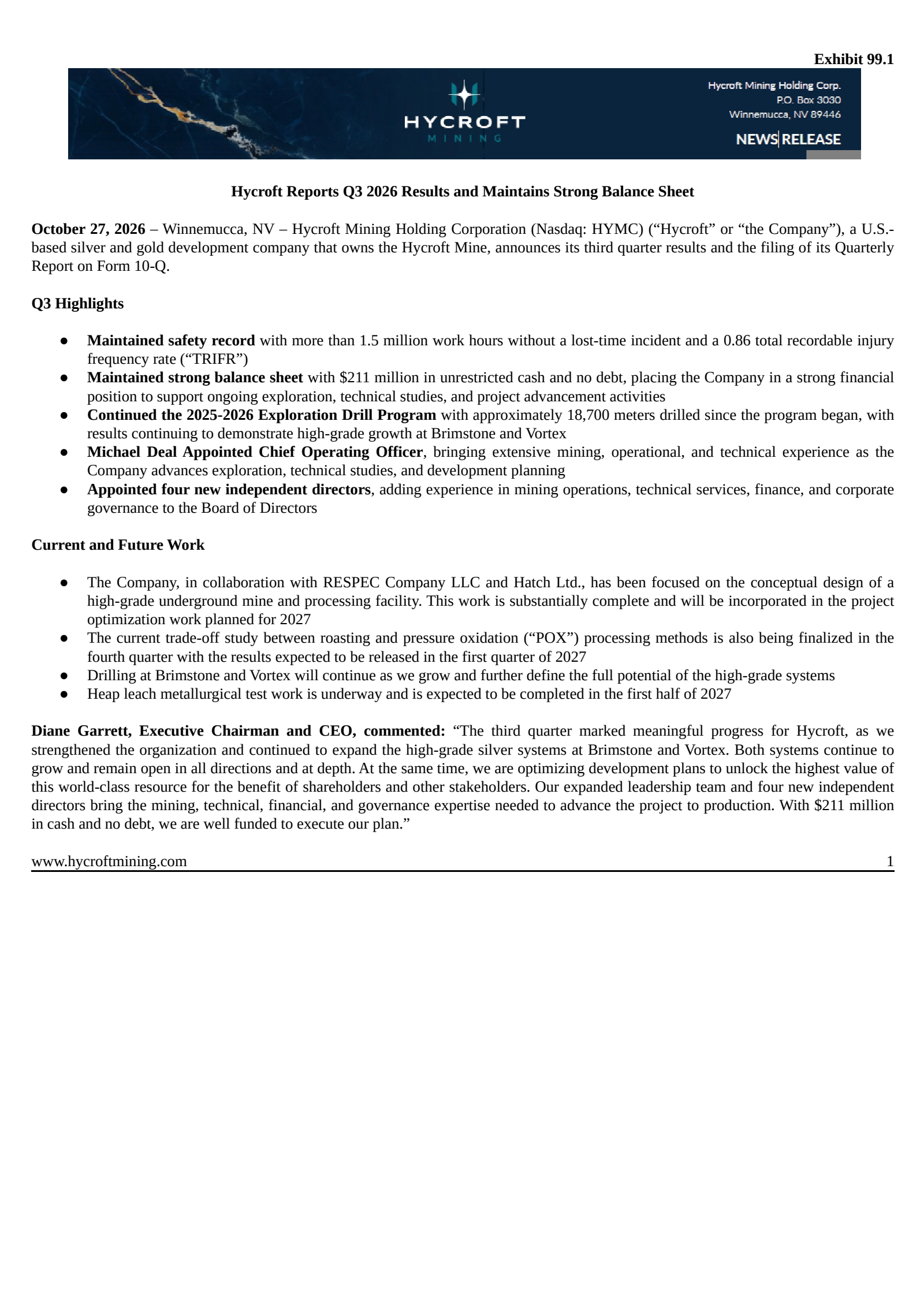 Hycroft Mining's Q3 2026 Press Release