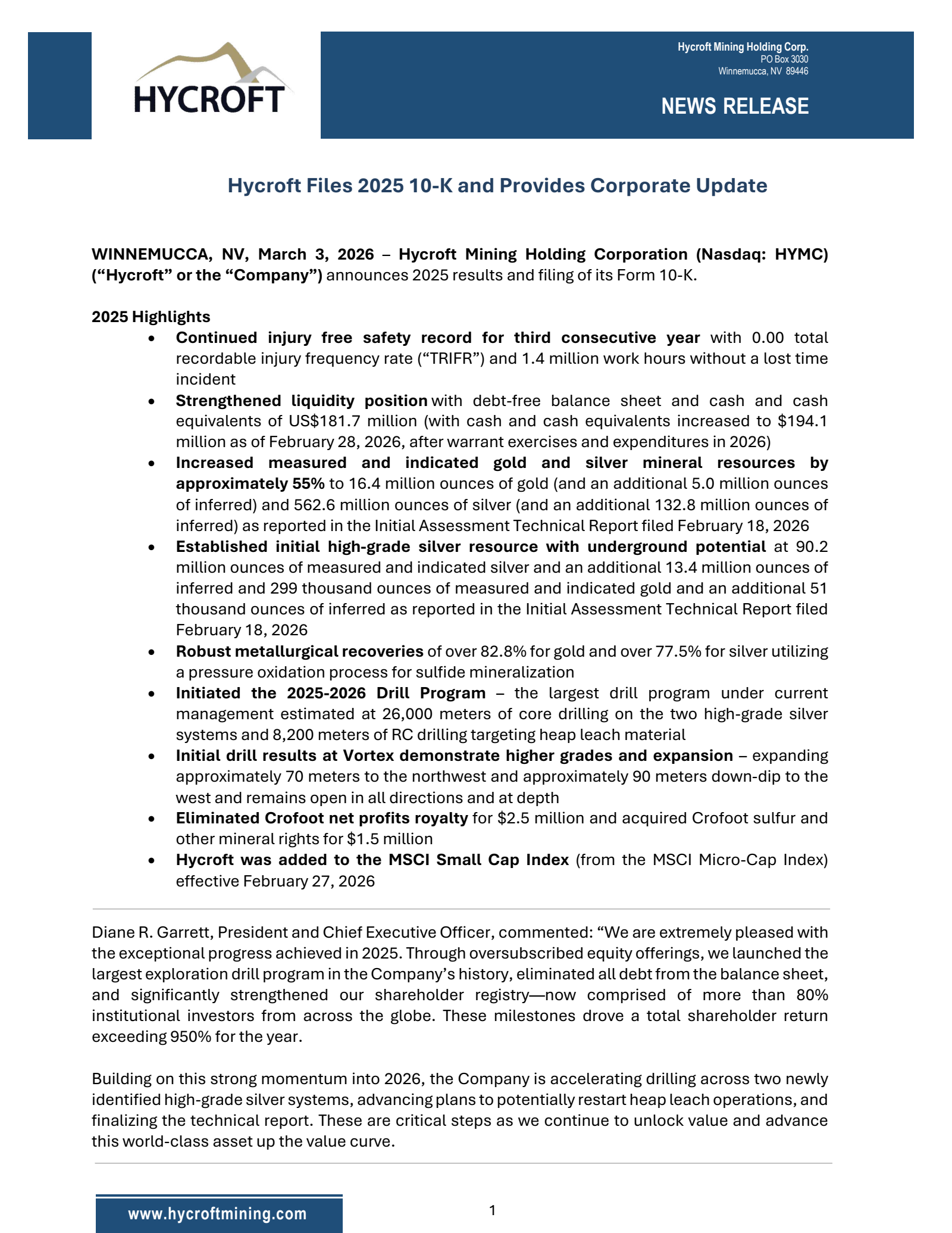 Hycroft Mining's Q4 2025 Press Release