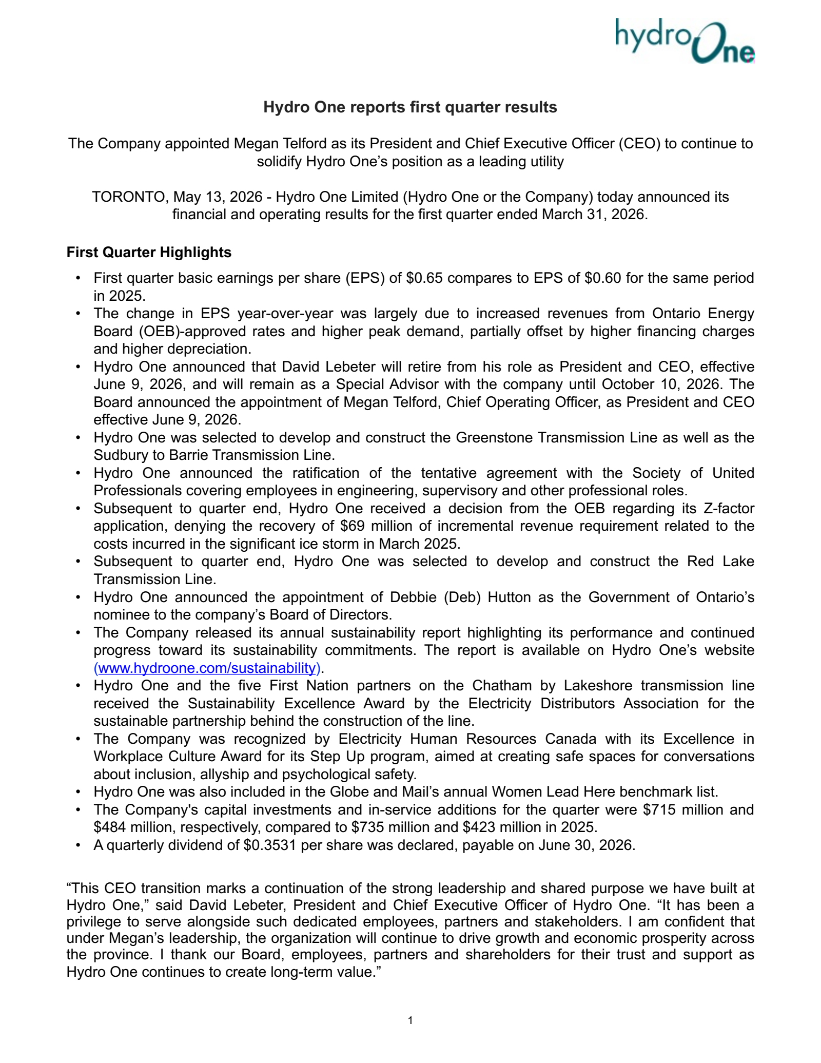 Hydro One's Q1 2026 Interim report