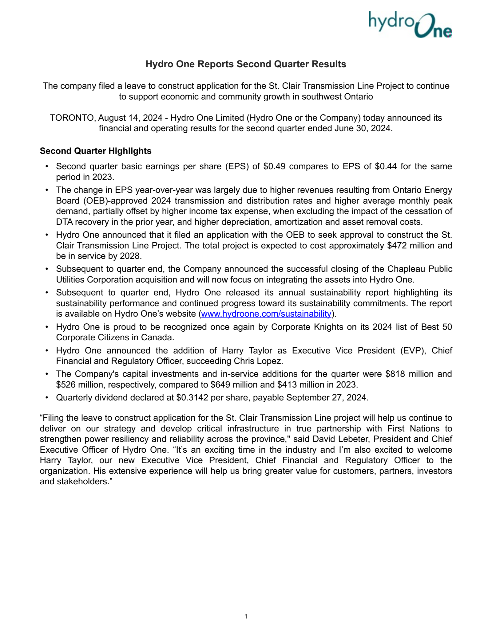 Hydro One's Q2 2024 Press Release