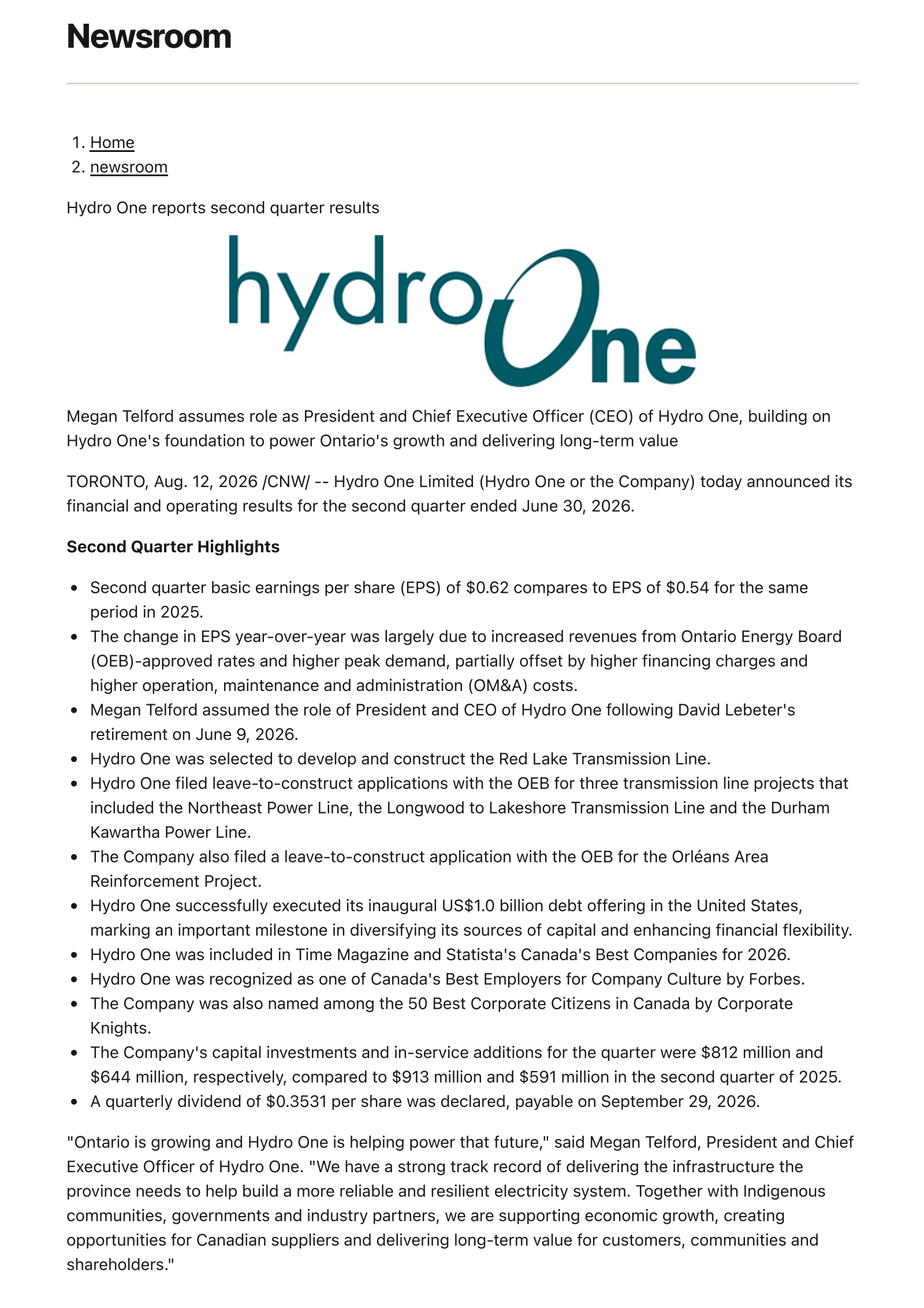 Hydro One's Q2 2026 Press Release