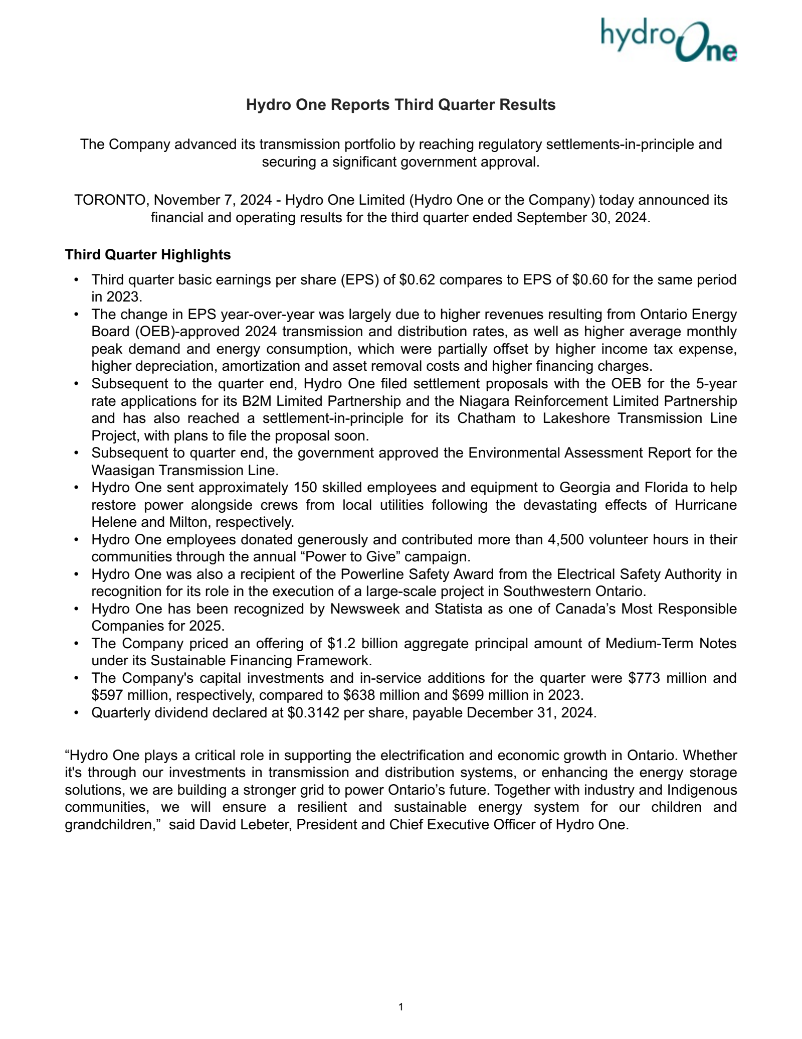 Hydro One's Q3 2024 Press Release