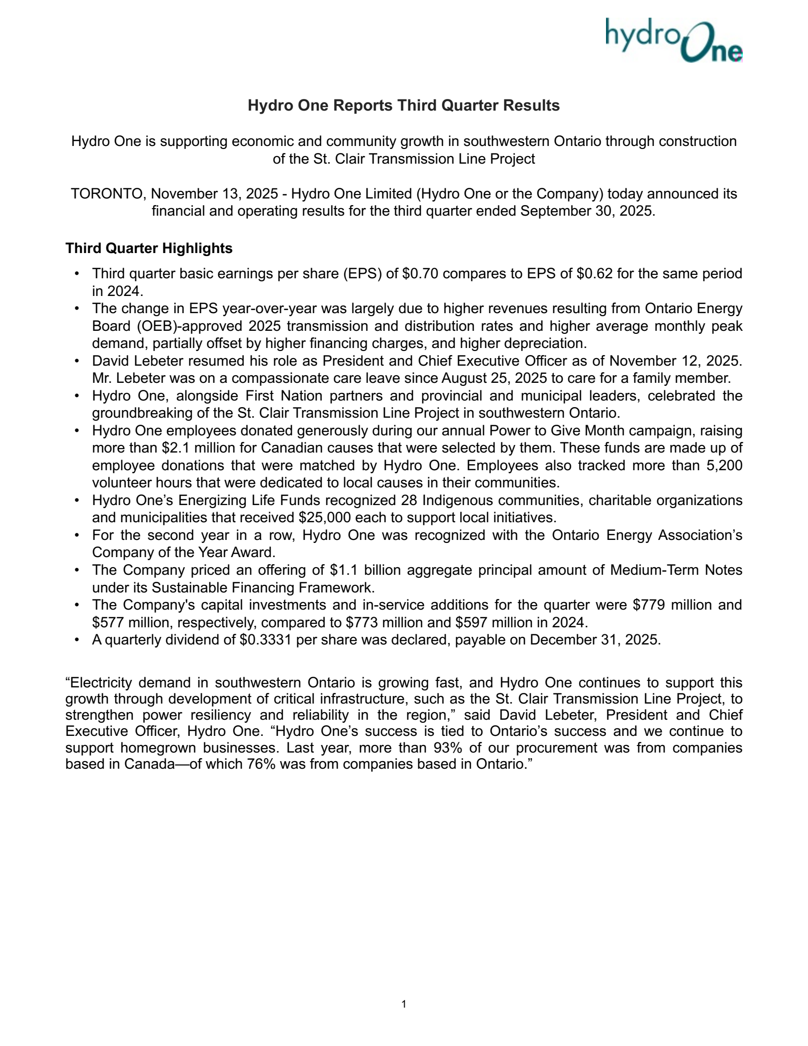 Hydro One's Q3 2025 Interim report