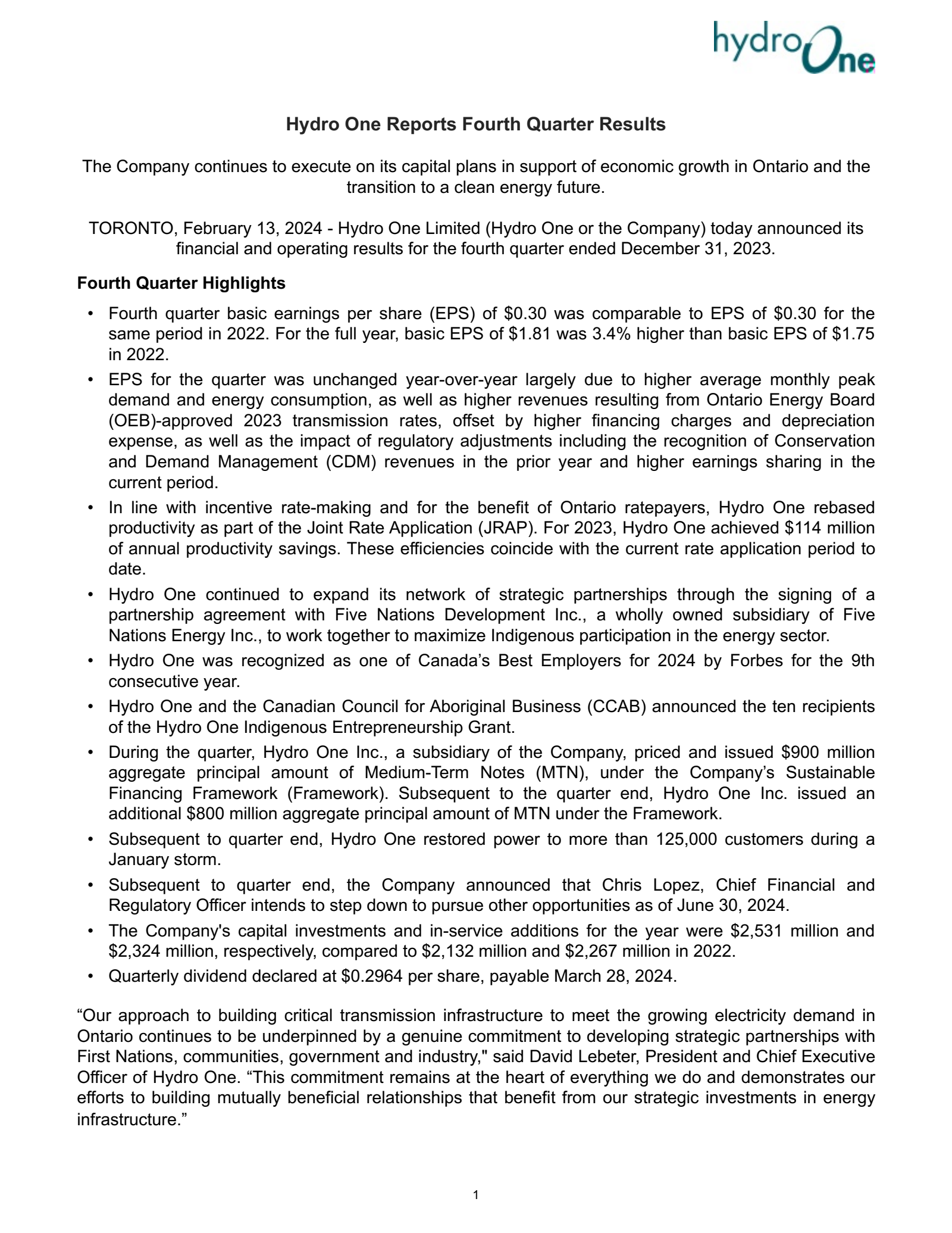 Hydro One's Q4 2023 Interim report
