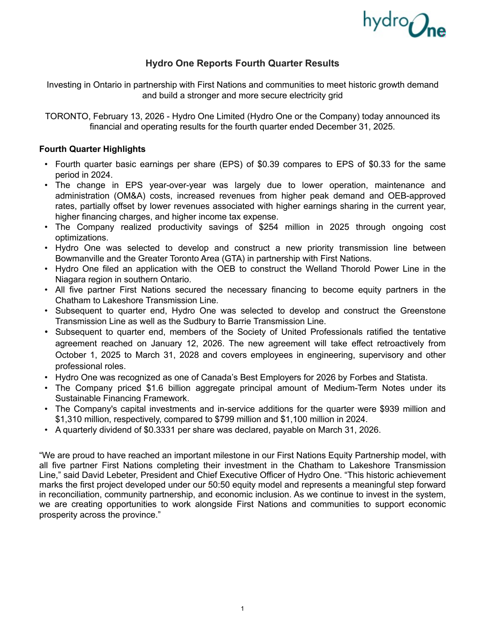 Hydro One's Q4 2025 Press Release