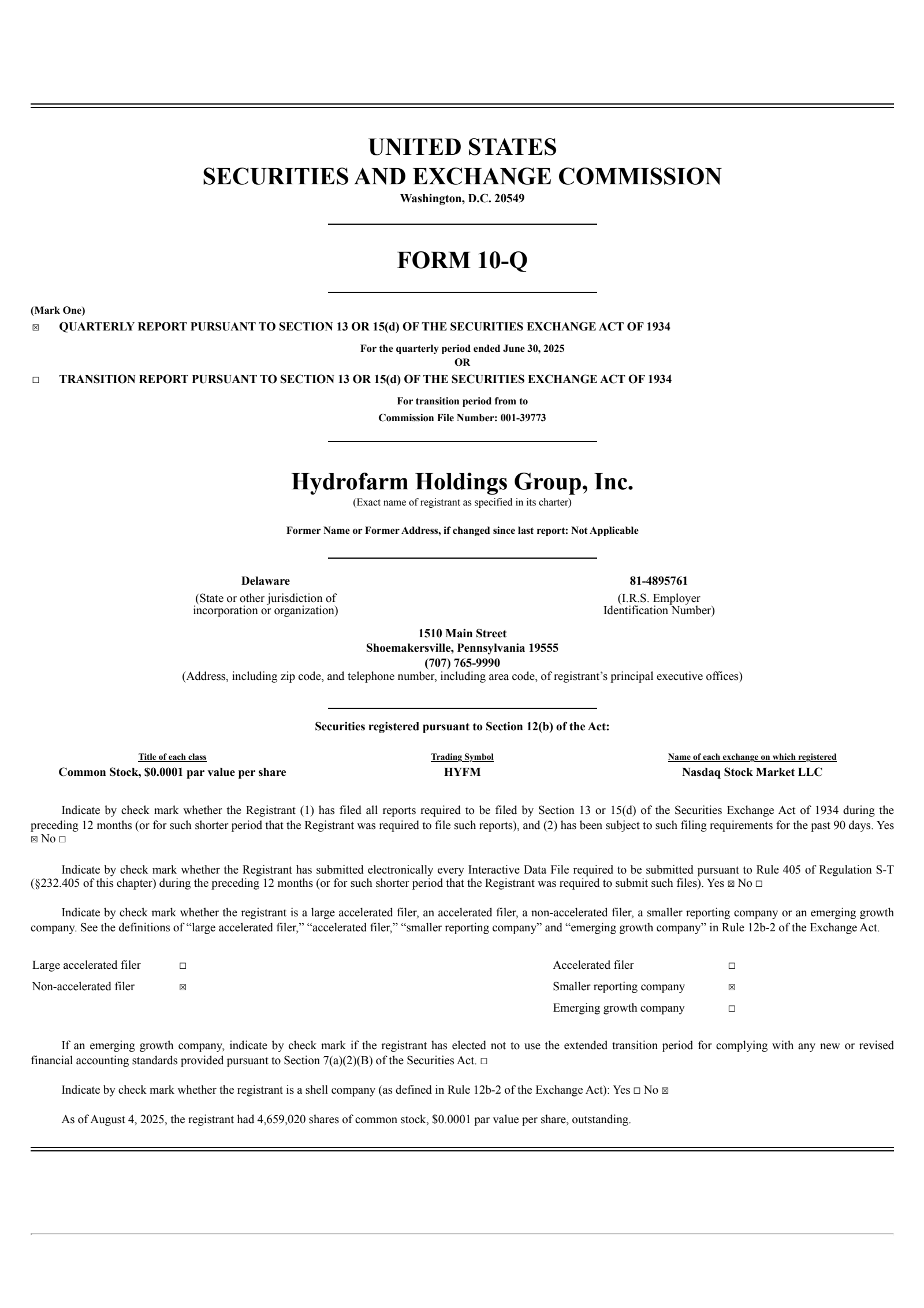 Hydrofarm Holdings Group's Q2 2025 Quarterly report