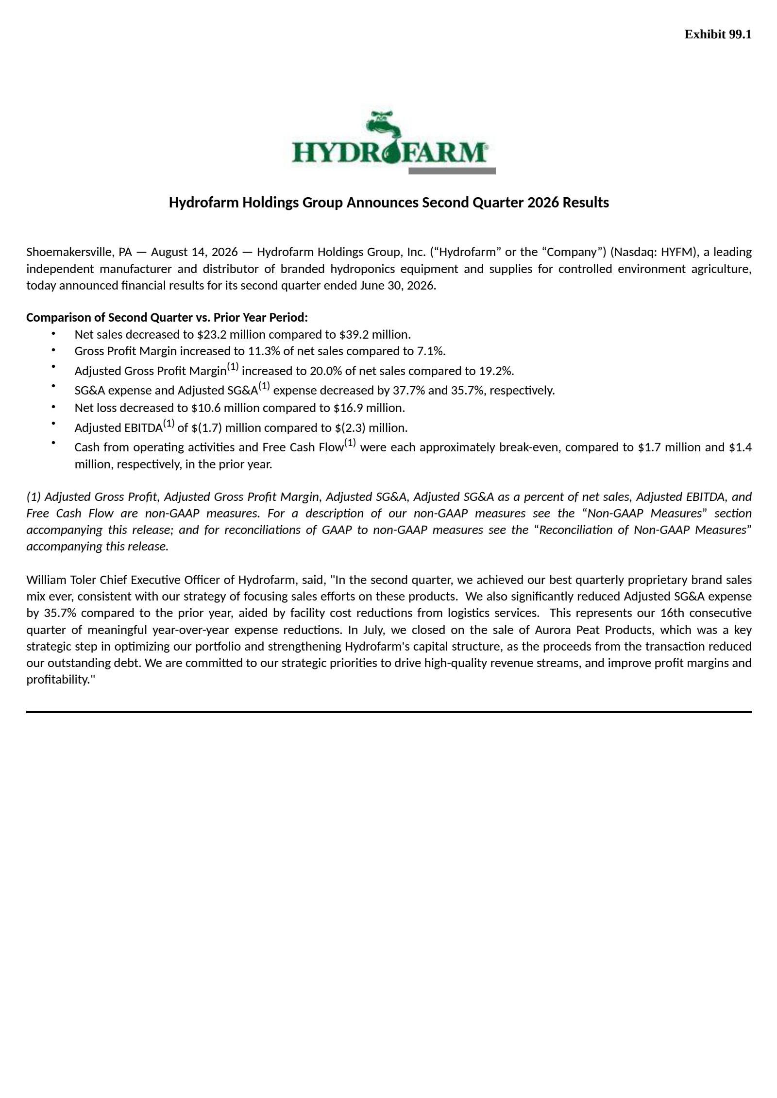 Hydrofarm Holdings Group's Q2 2026 Press Release