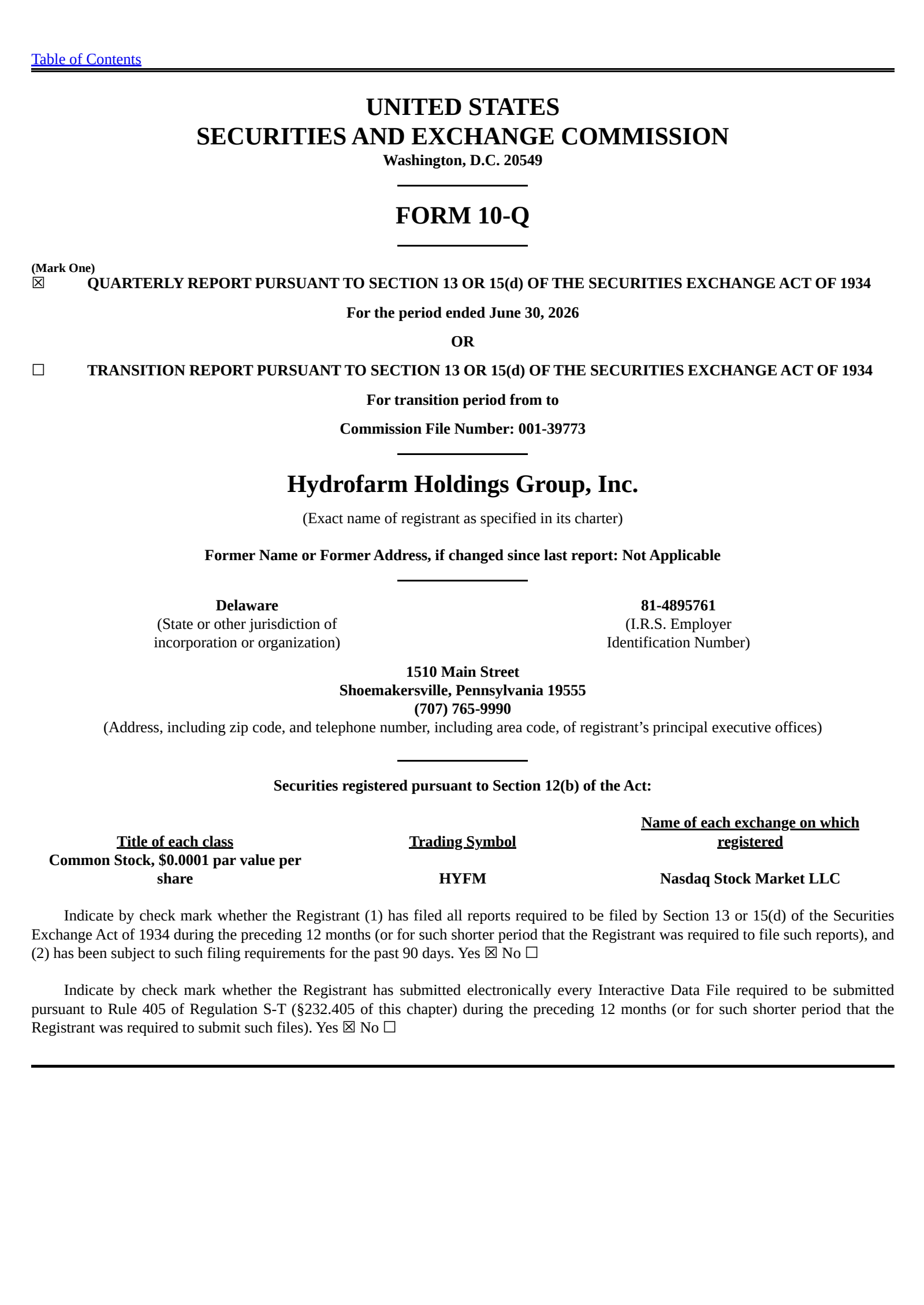 Hydrofarm Holdings Group's Q2 2026 Quarterly report