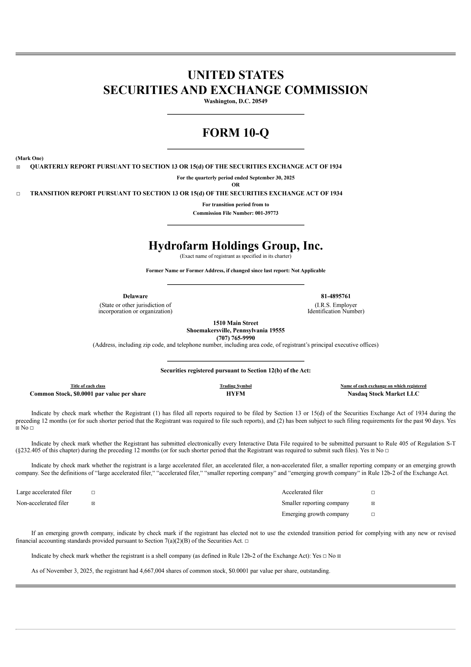 Hydrofarm Holdings Group's Q3 2025 Quarterly Report