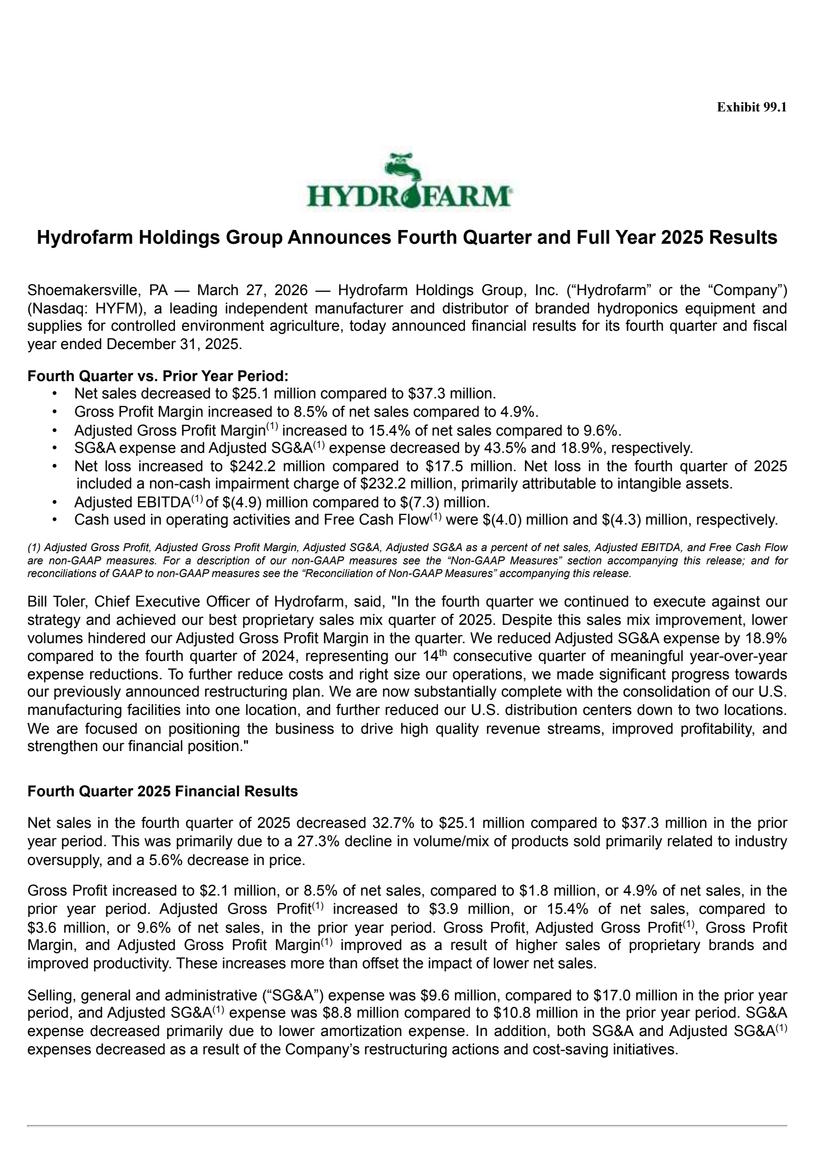Hydrofarm Holdings Group's Q4 2025 Press Release