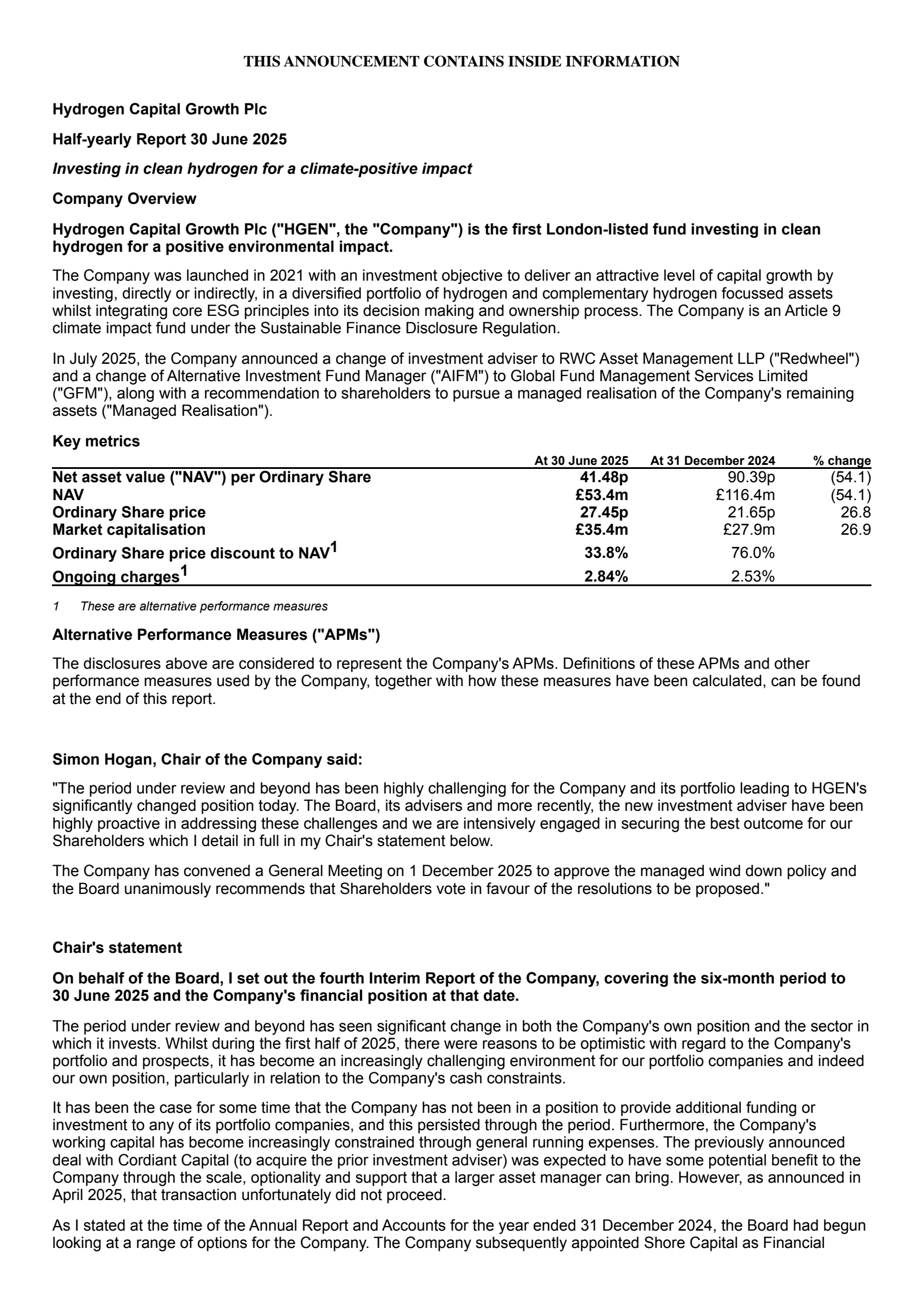 HydrogenOne Capital Growth's H1 2025 Interim Report