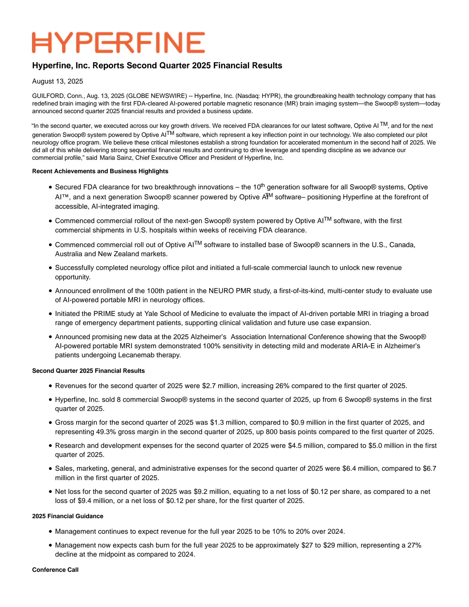 Hyperfine's Q2 2025 Press Release