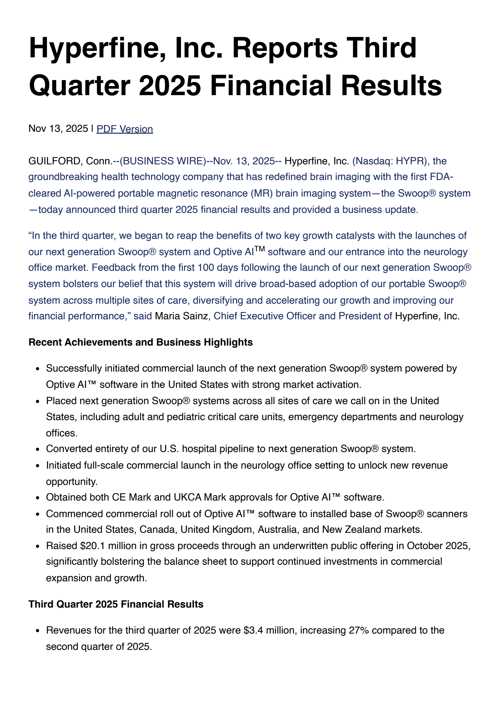 Hyperfine's Q3 2025 Earnings Release