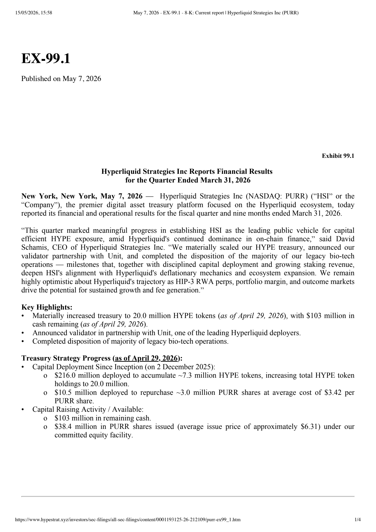 Hyperliquid Strategies' Q3 2026 Press Release