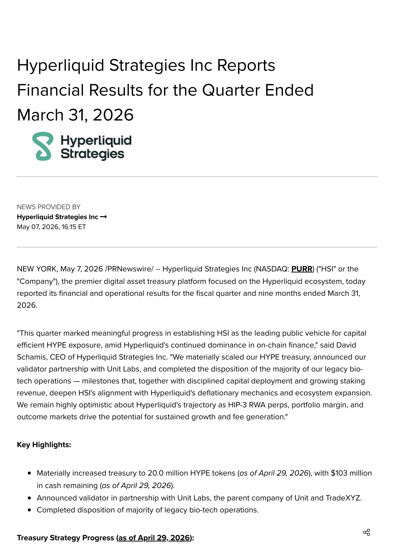 Hyperliquid Strategies' Q3 2026 Press Release