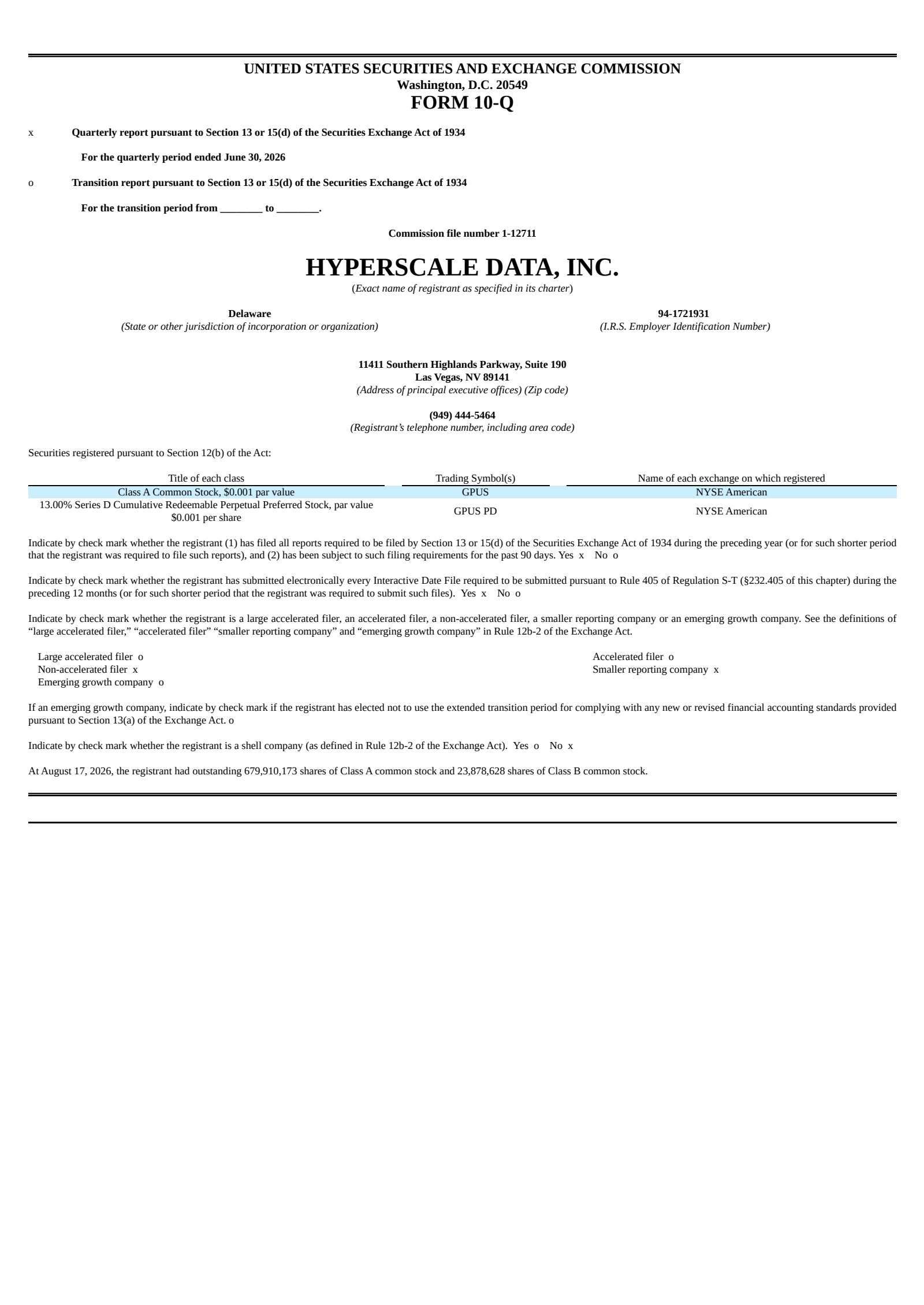 Hyperscale Data's Q2 2026 Quarterly report
