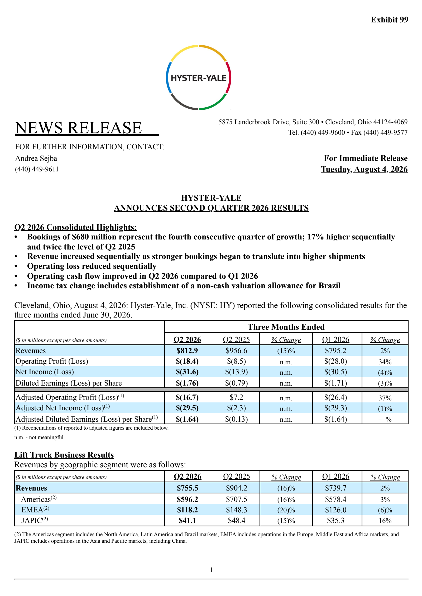Hyster-Yale's Q2 2026 Press Release