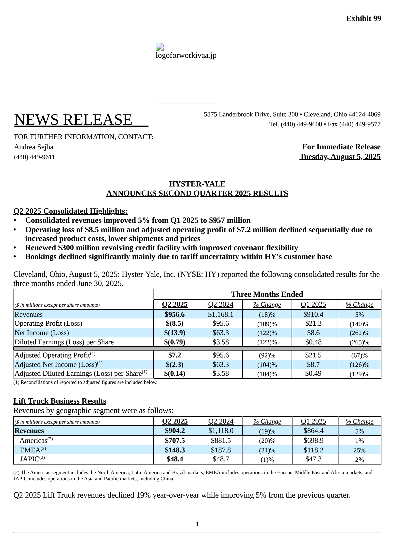 Hyster-Yale's Q2 2025 Press Release