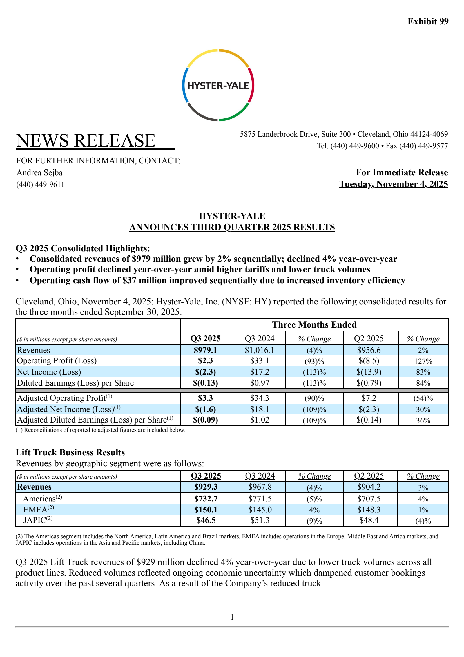 Hyster-Yale's Q3 2025 Earnings Release