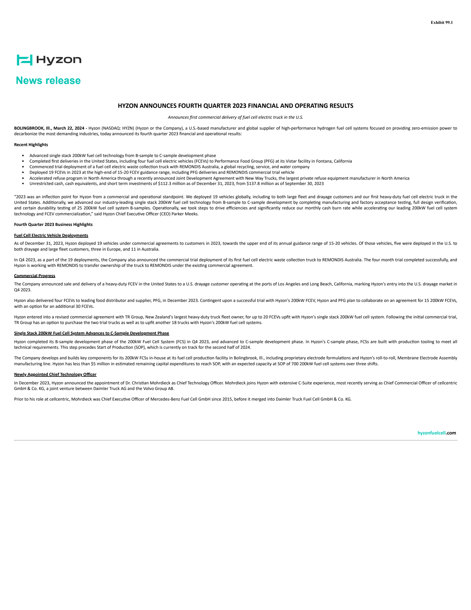 Hyzon Motors' Q4 2023 Press Release