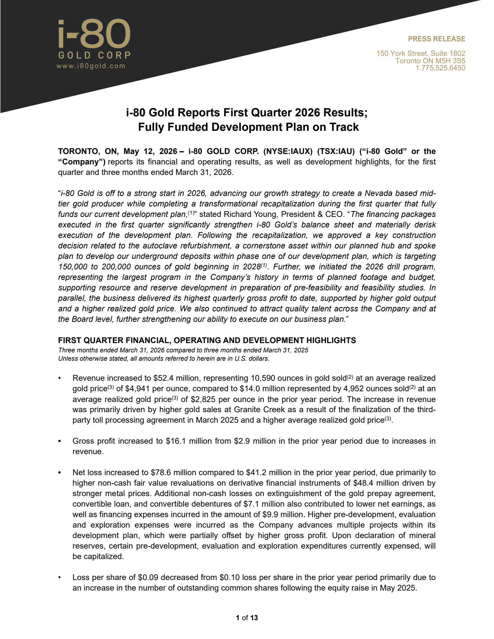 i-80 Gold's Q1 2026 Press Release
