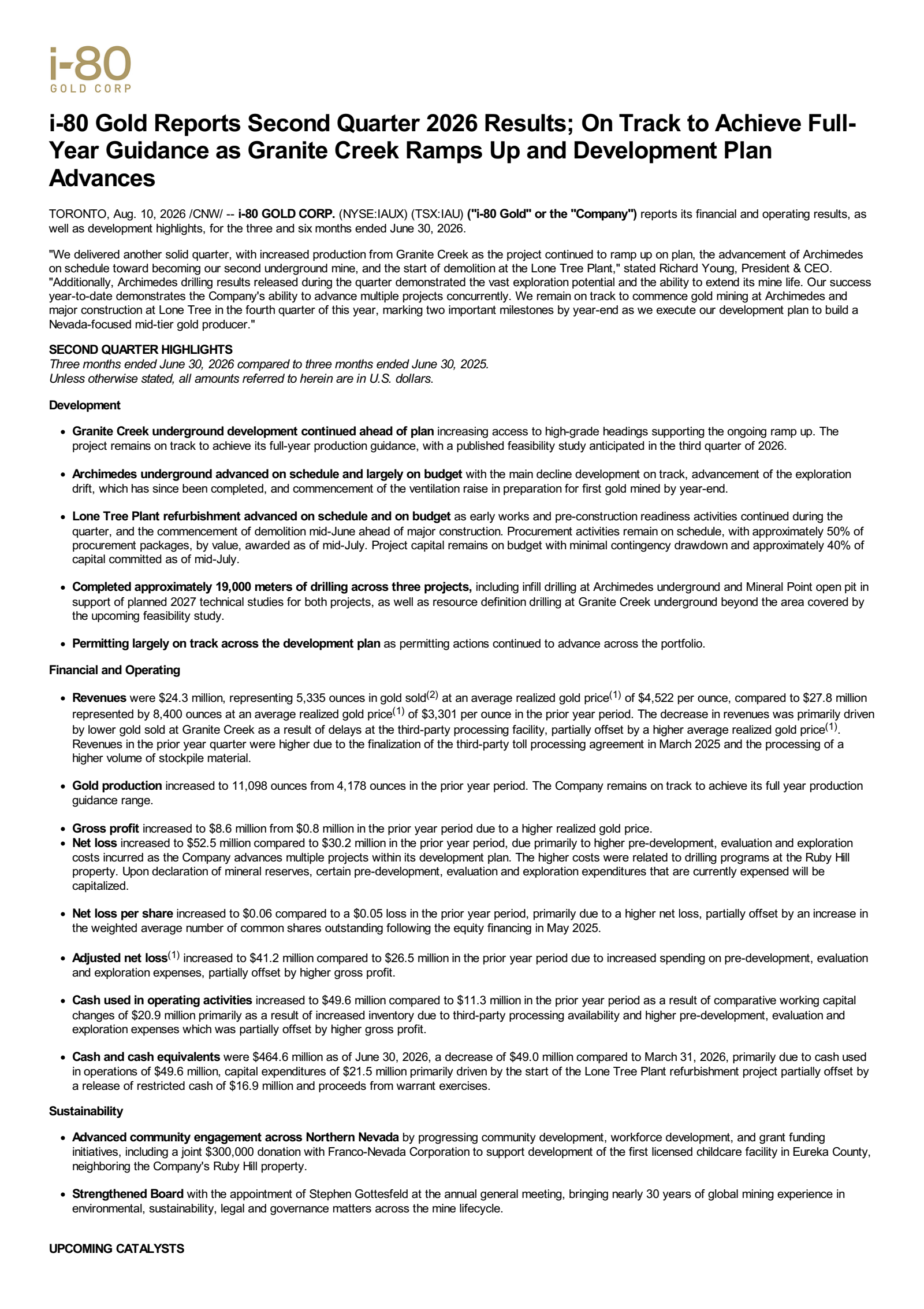 i-80 Gold's Q2 2026 Press Release
