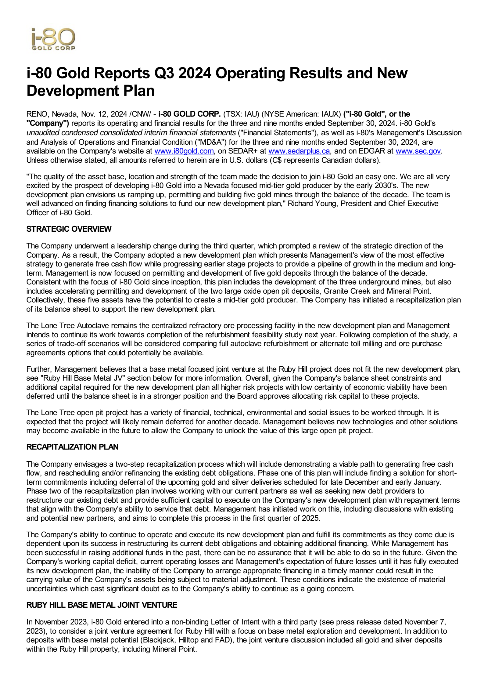 i-80 Gold's Q3 2024 Press Release