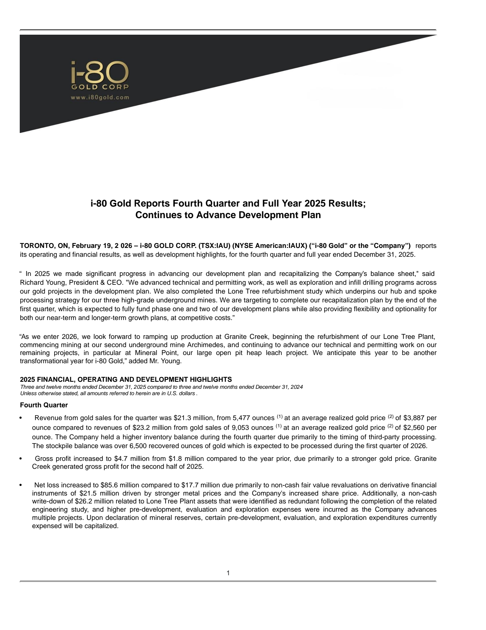 i-80 Gold's Q4 2025 Press Release