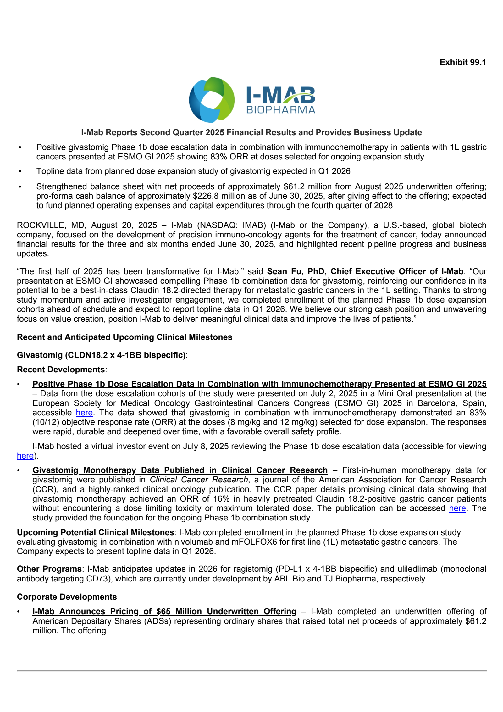 I-Mab's Q2 2025 Press Release