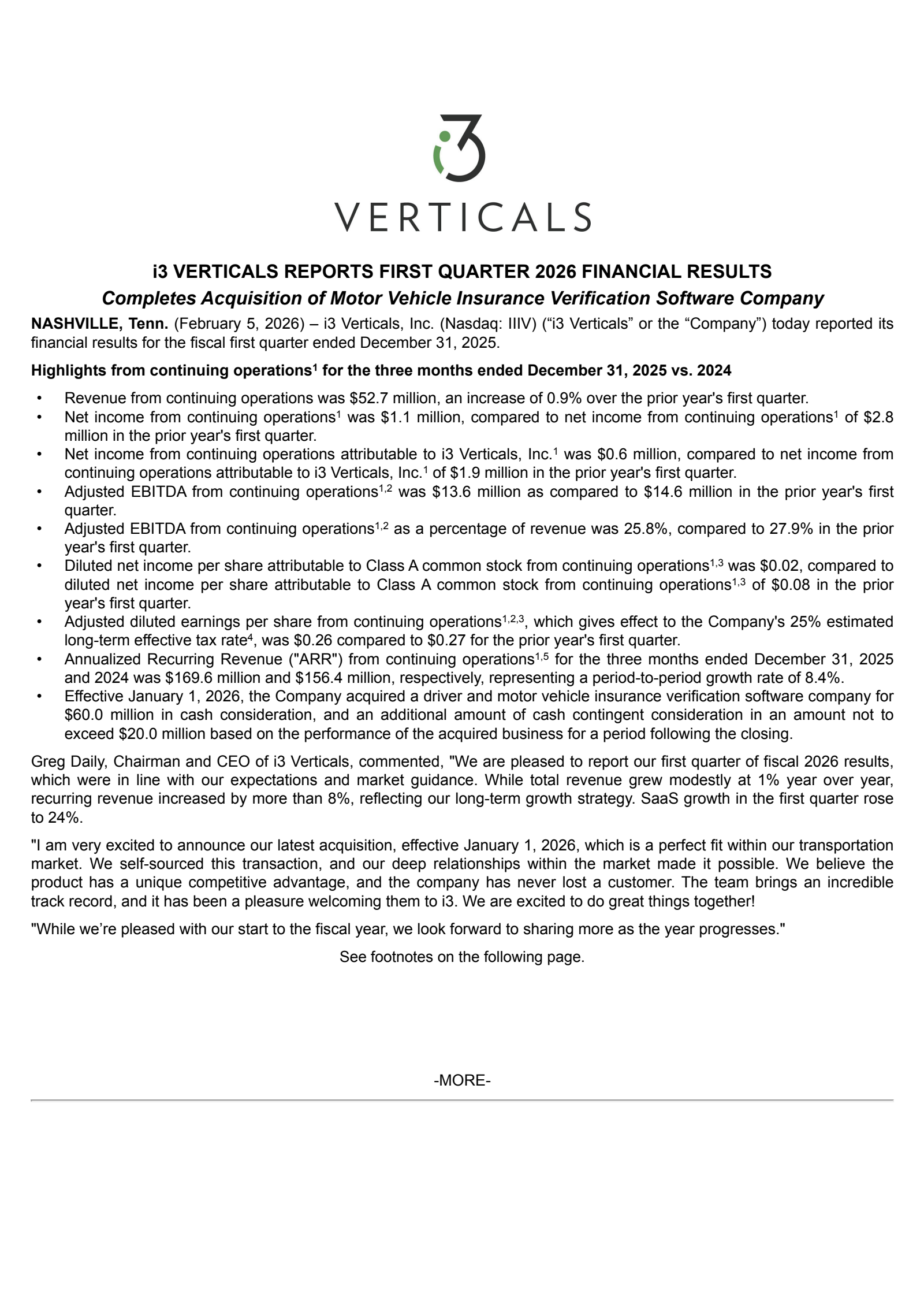 i3 Verticals' Q1 2026 Press Release