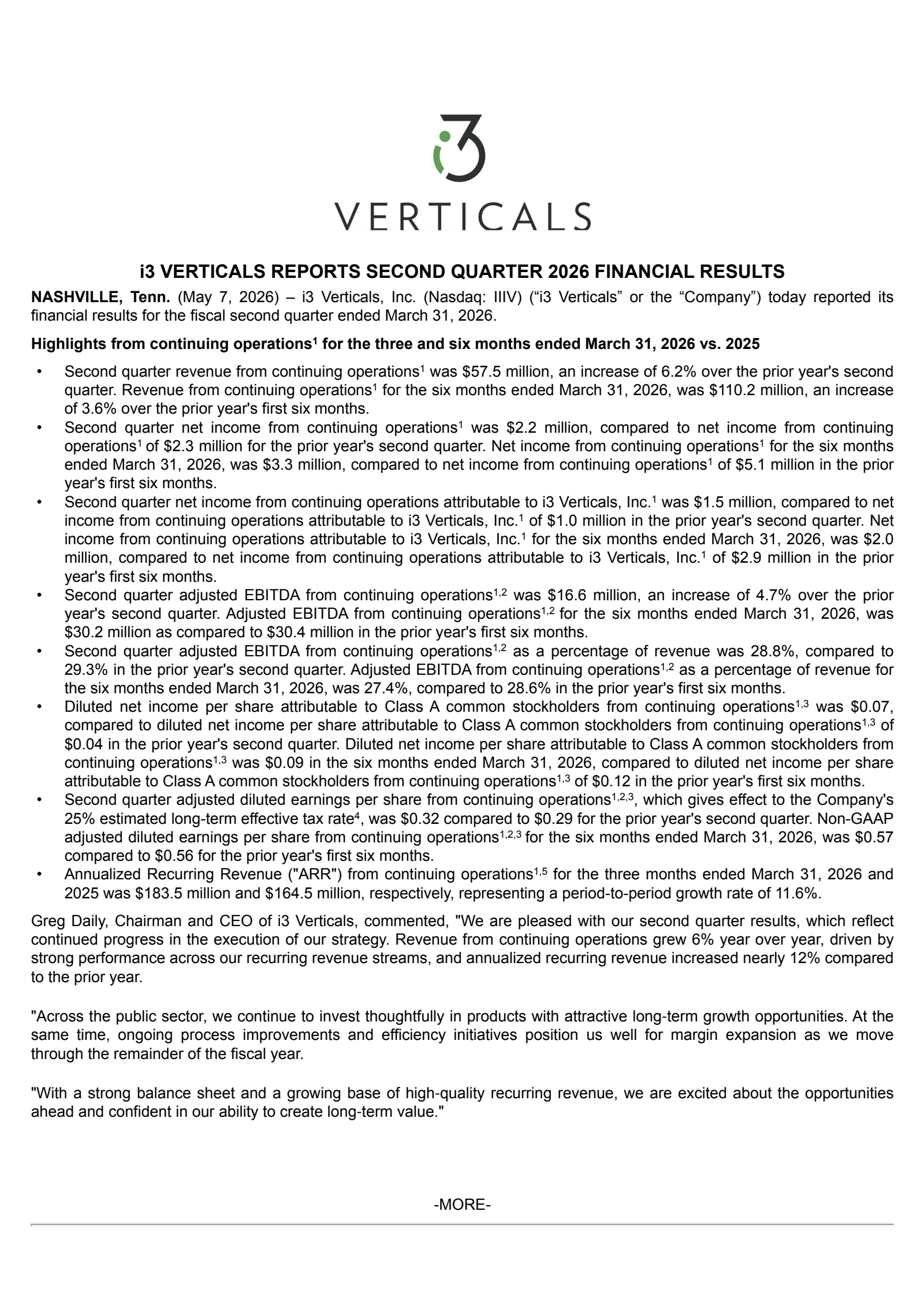 i3 Verticals' Q2 2026 Press Release