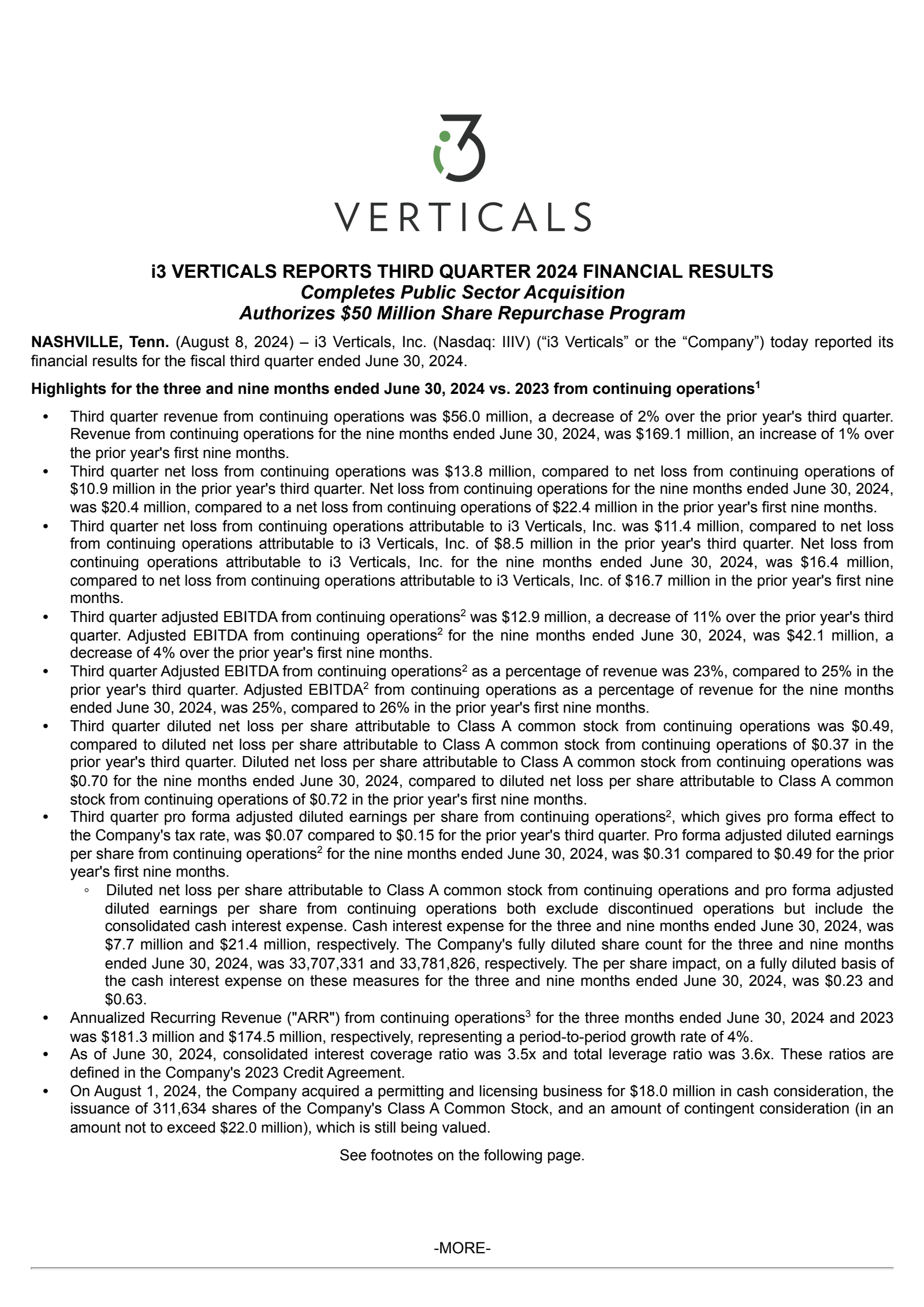 i3 Verticals' Q3 2024 Press Release