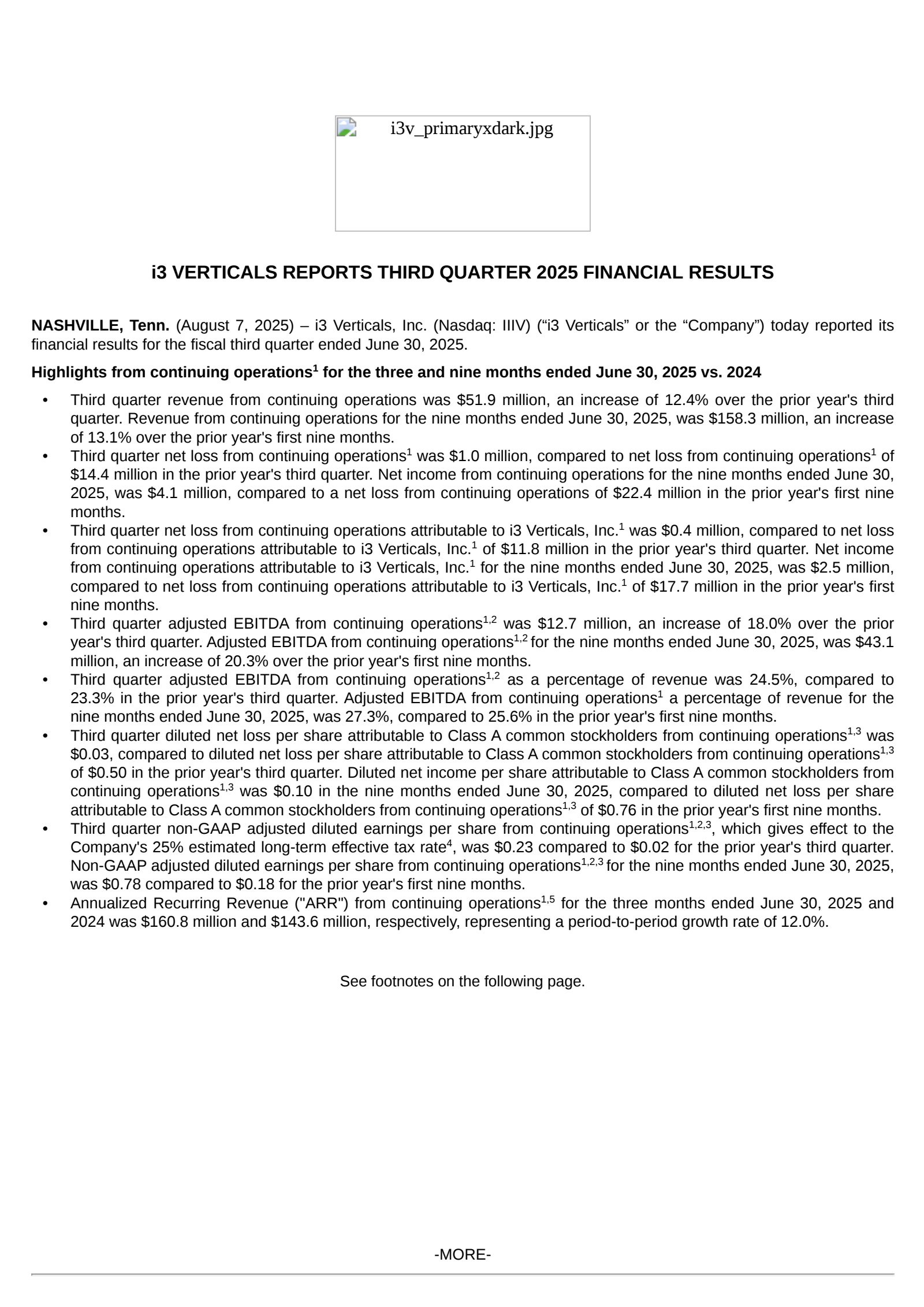 i3 Verticals' Q3 2025 Press Release
