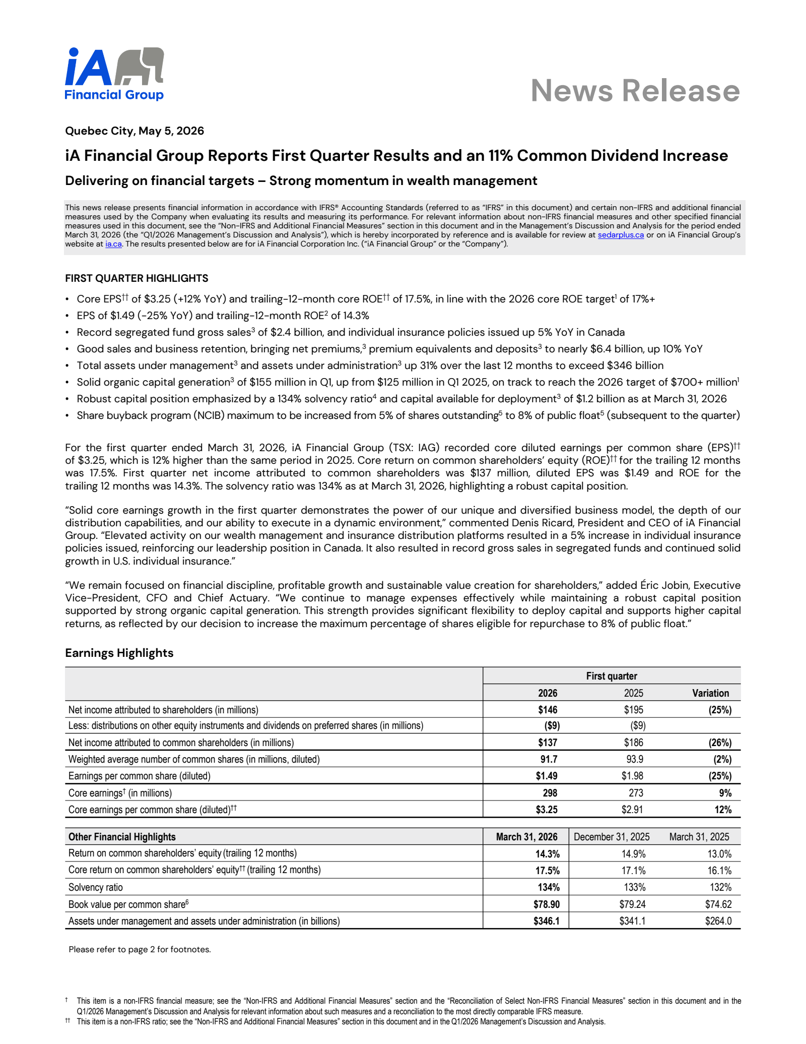 iA Financial's Q1 2026 Press Release