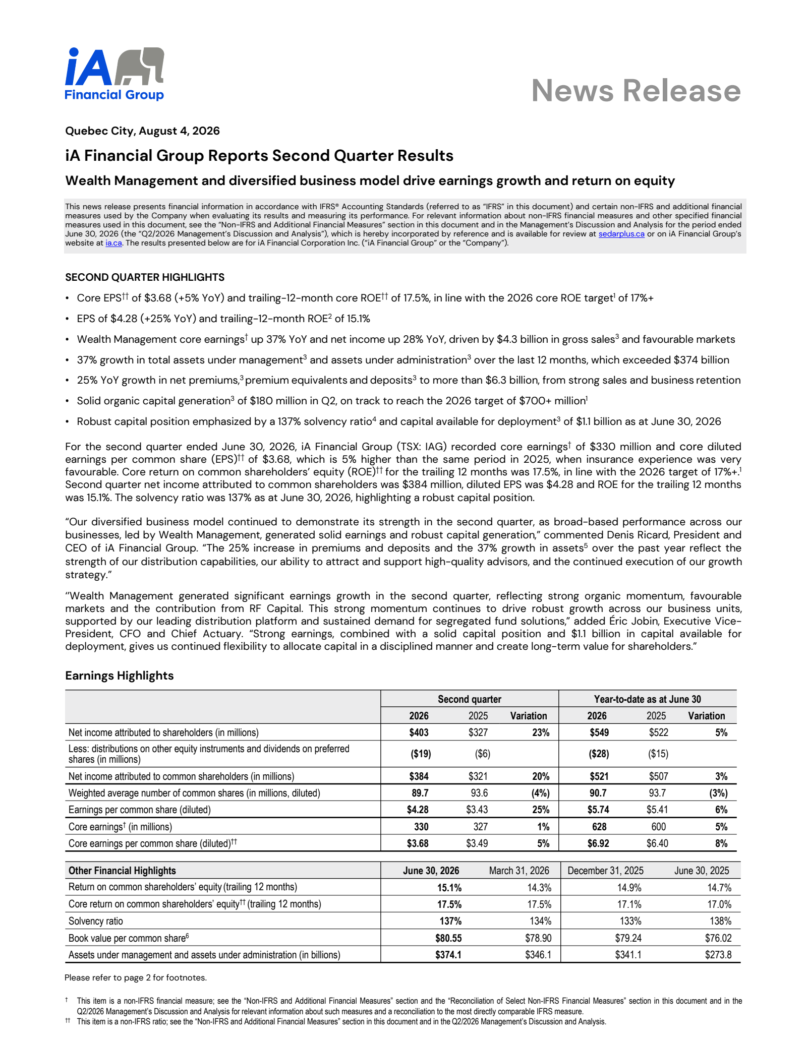 iA Financial's Q2 2026 Press Release