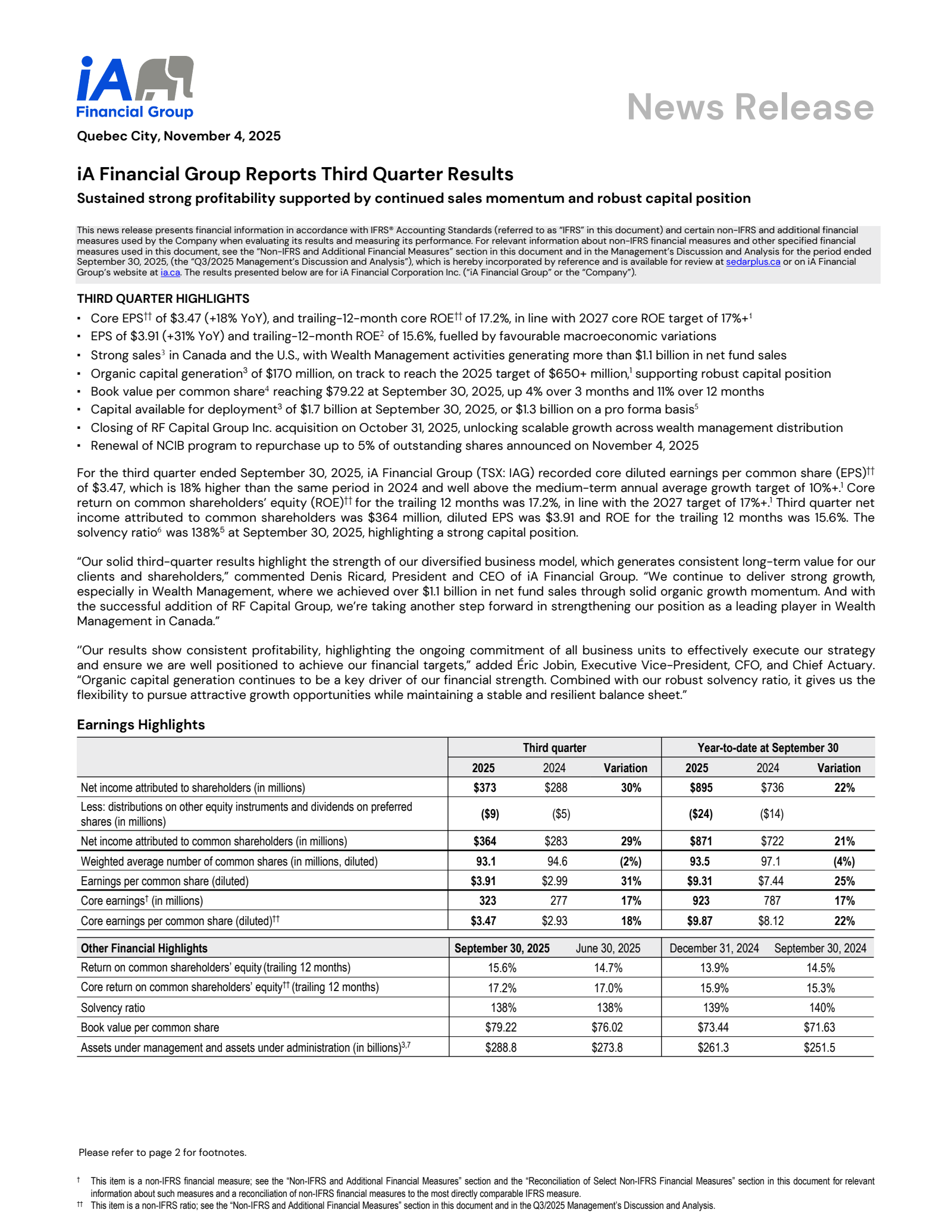 iA Financial's Q3 2025 Earnings Release